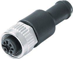 Ein schwarzer, zylinderförmiger Stecker mit Metallgewinde und vier Steckplätzen für elektrische Verbindungen.