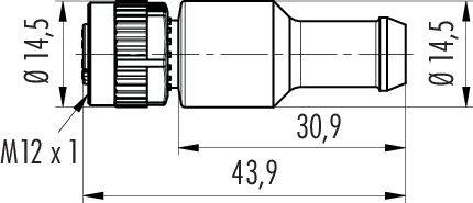 Technische Zeichnung eines Steckers mit Maßen: Länge 43,9 mm, Breite 14,5 mm, Gewinde M12 x 1; Länge eines Abschnitts 30,9 mm.