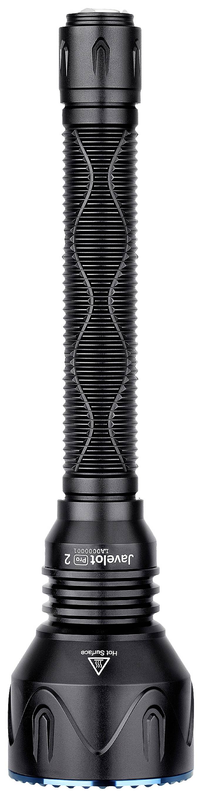 Schwarze Taschenlampe mit einem langen, geriffelten Griff und einem hellblauen Akzent am Lampenkopf.