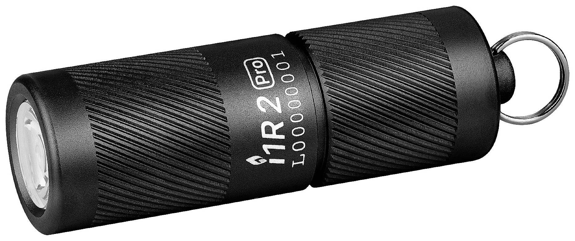 Eine kleine, schwarze Taschenlampe mit geriffelter Oberfläche und Schlüsselring, bezeichnet mit 'I1R 2 Pro'.