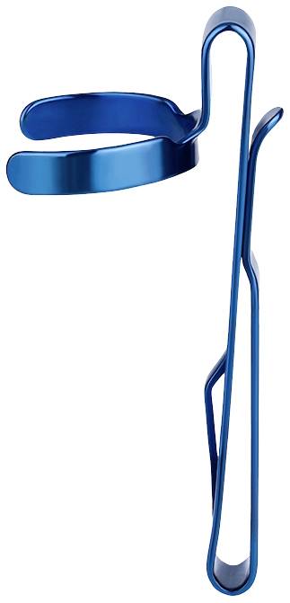 Blauer Fahrradflaschenhalter aus Metall, seitliche Ansicht.