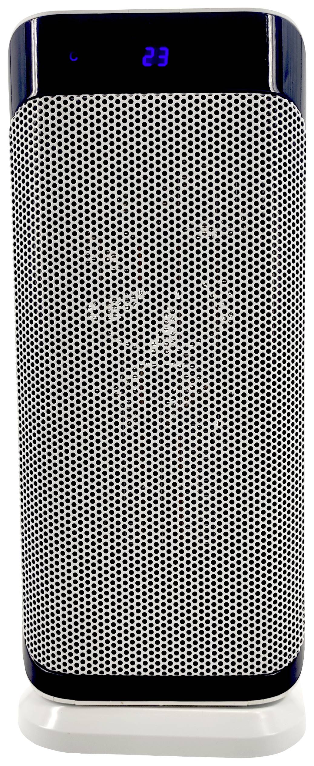 Ein weißer, rechteckiger Heizlüfter mit digitaler Anzeige, zeigt die Temperatur '23' an. Schwarzer Rahmen, Gitterdesign an der Front.