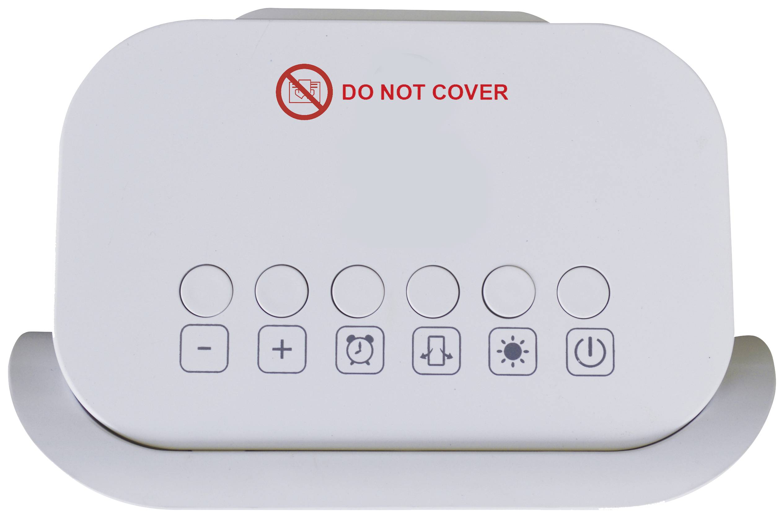 Steuerungstafel mit sieben Tasten für Einstellungen wie Temperatur plus/minus, Timer, Modus, Helligkeit und Ein/Aus. Hinweis: 'Do not cover'.