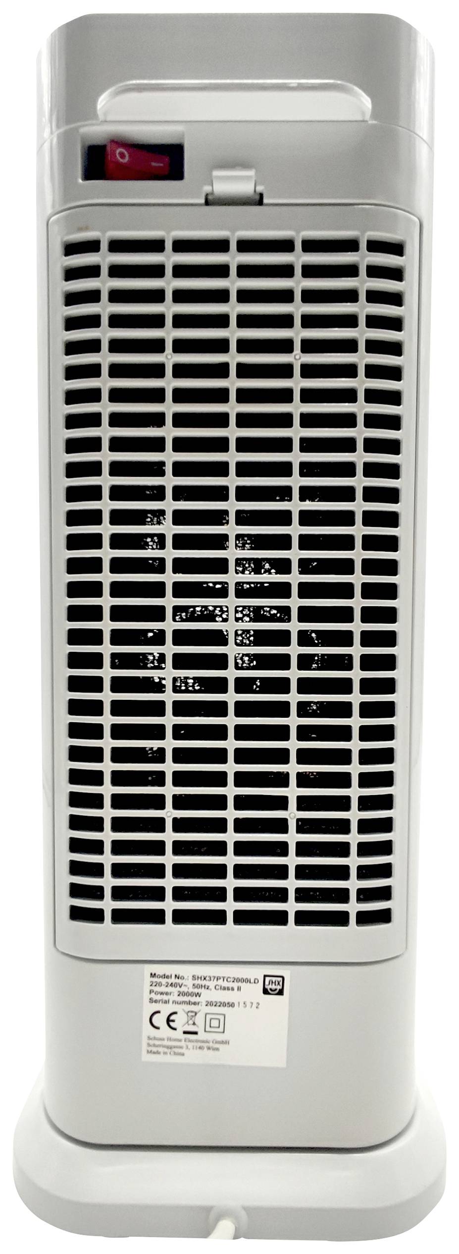 Grauer elektrischer Heizlüfter mit frontalen Lüftungsschlitzen, Ein/Aus-Schalter oben, steht auf einer festen Basis.