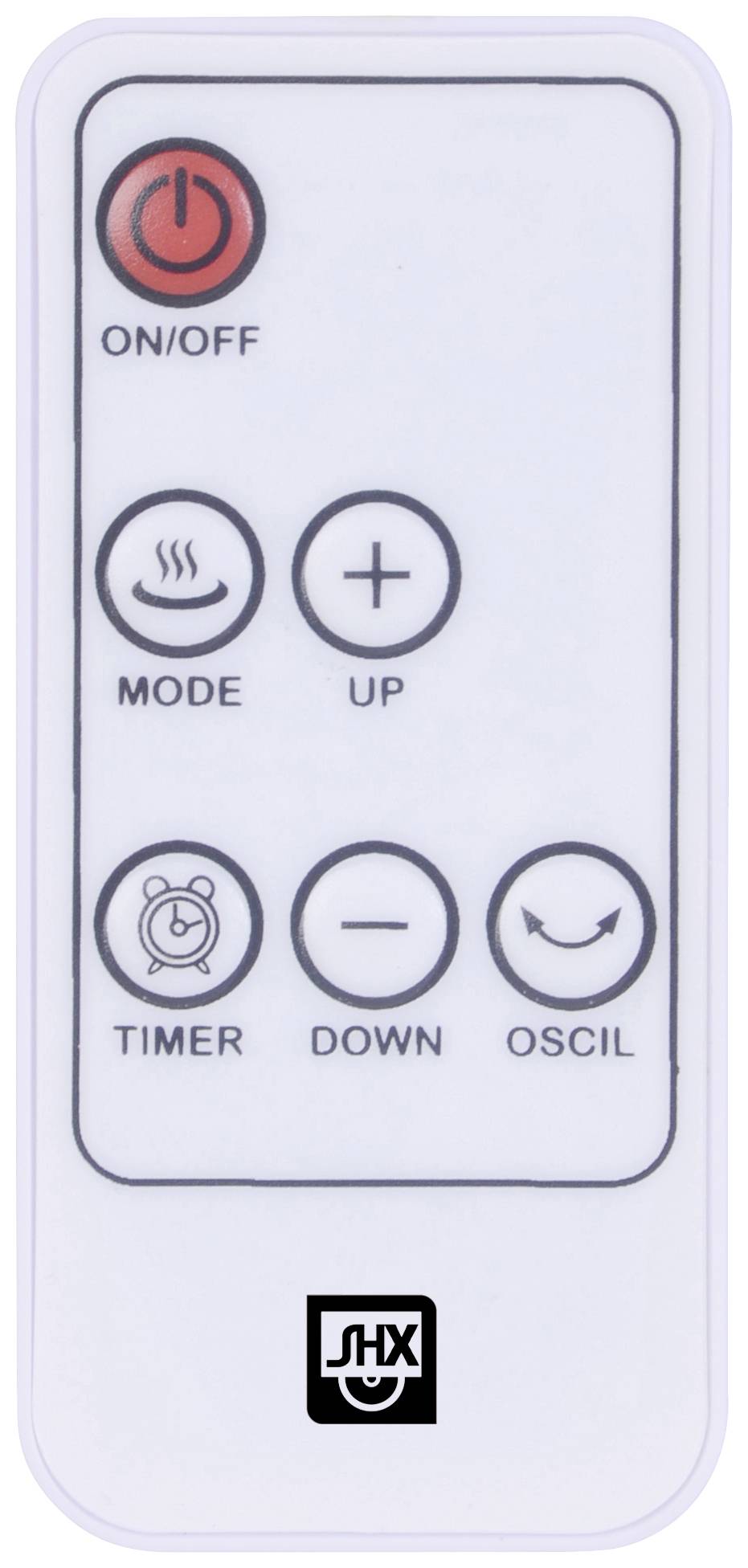 Fernbedienung mit Tasten: 'ON/OFF', 'MODE', '+', 'TIMER', '-', 'OSCI'. Enthält Funktionen zur Steuerung eines Geräts.