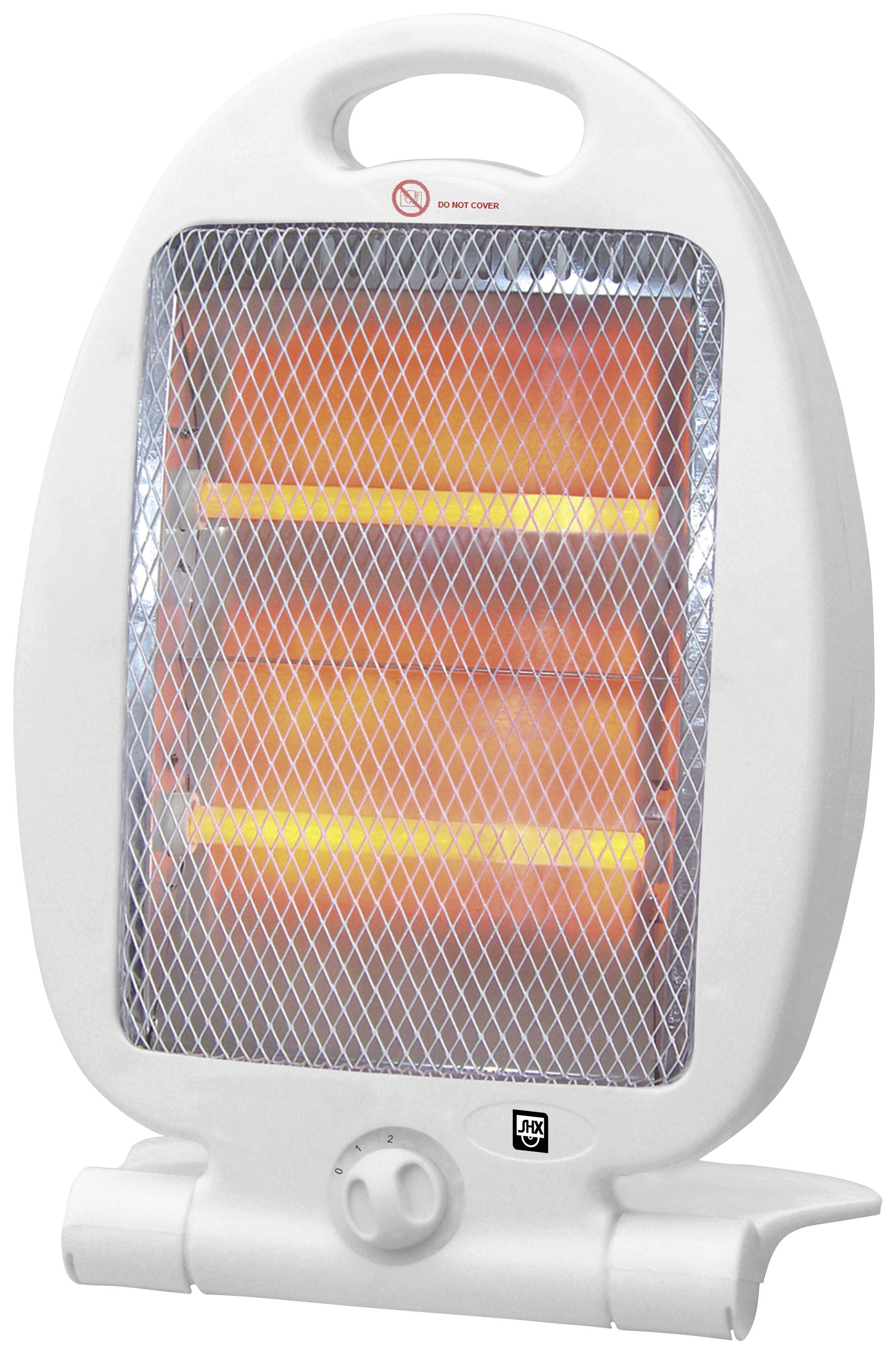 Elektrischer Heizlüfter mit Gitterschutz, leuchtenden Heizstäben und Drehregler vorne. Tragegriff oben. Geeignet für Innenräume.