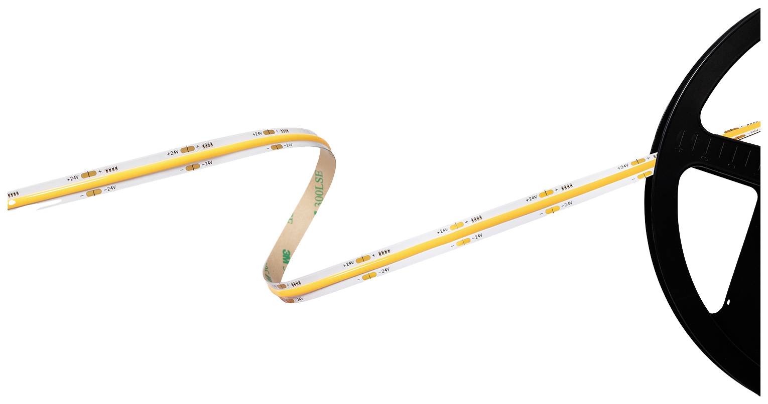 LED-Lichtband auf Rolle, gebogen, mit weißem Lichtabstrahl; ideal für dekorative Beleuchtung oder Akzentbeleuchtung in Innenräumen.