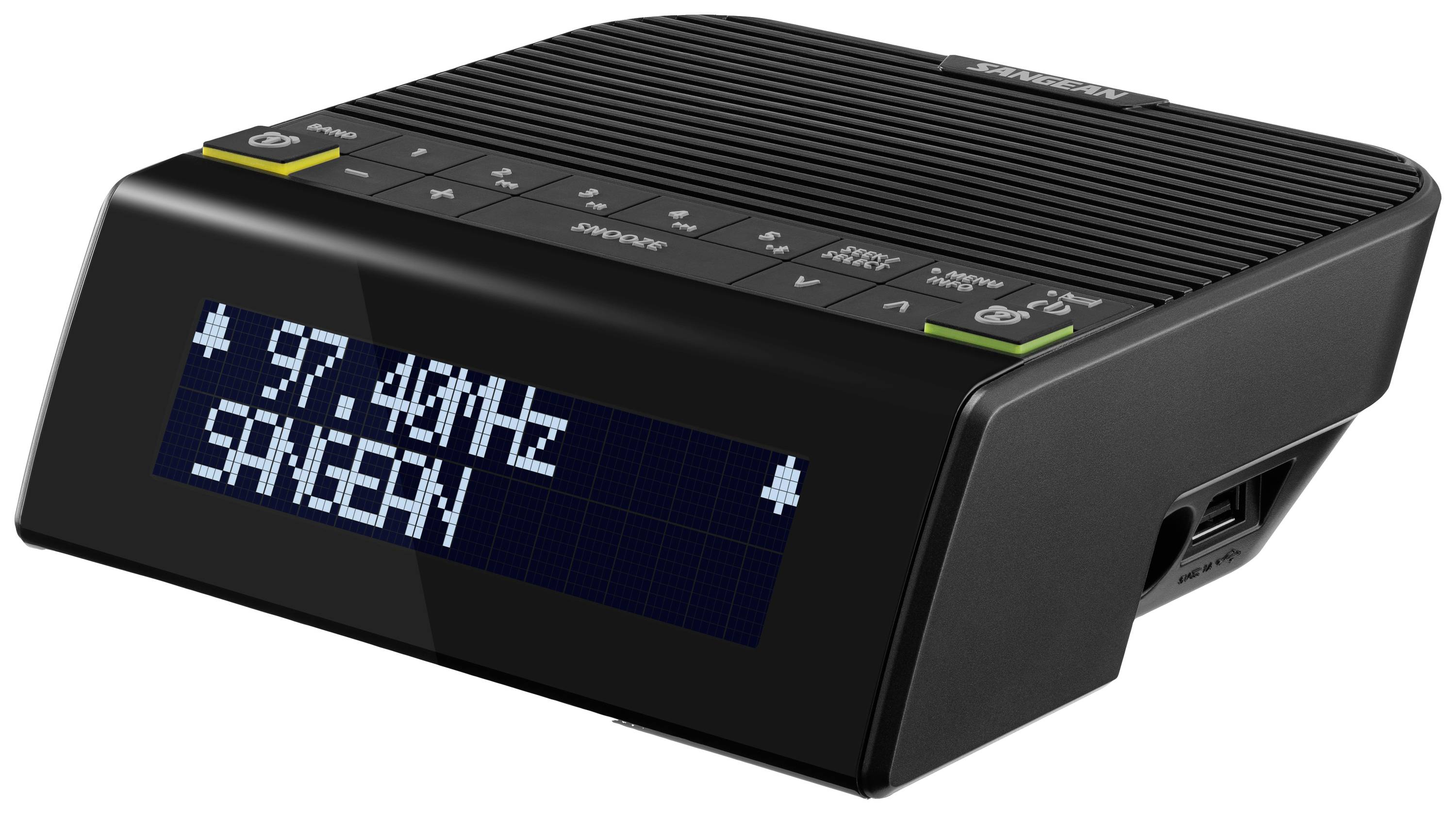 Digitalradio mit einem Display, das '97,4 MHz' und 'SANGEAN' zeigt. Oben sind Tasten für voreingestellte Sender und Funktionen.