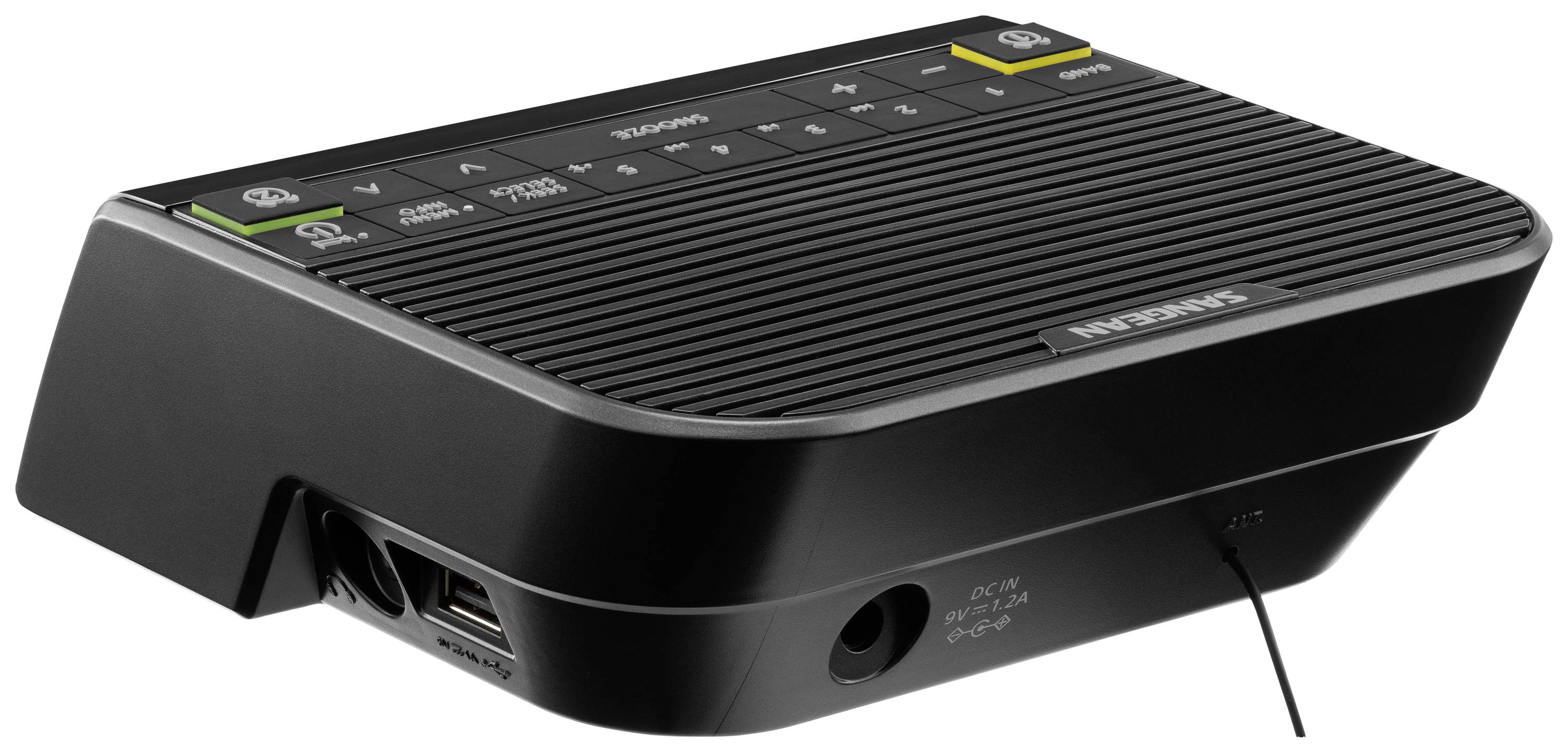 Schwarzes Internetradio mit mehreren Knöpfen und Anschlüssen auf der Rückseite, geeignet für das Abspielen von Streaming-Diensten.