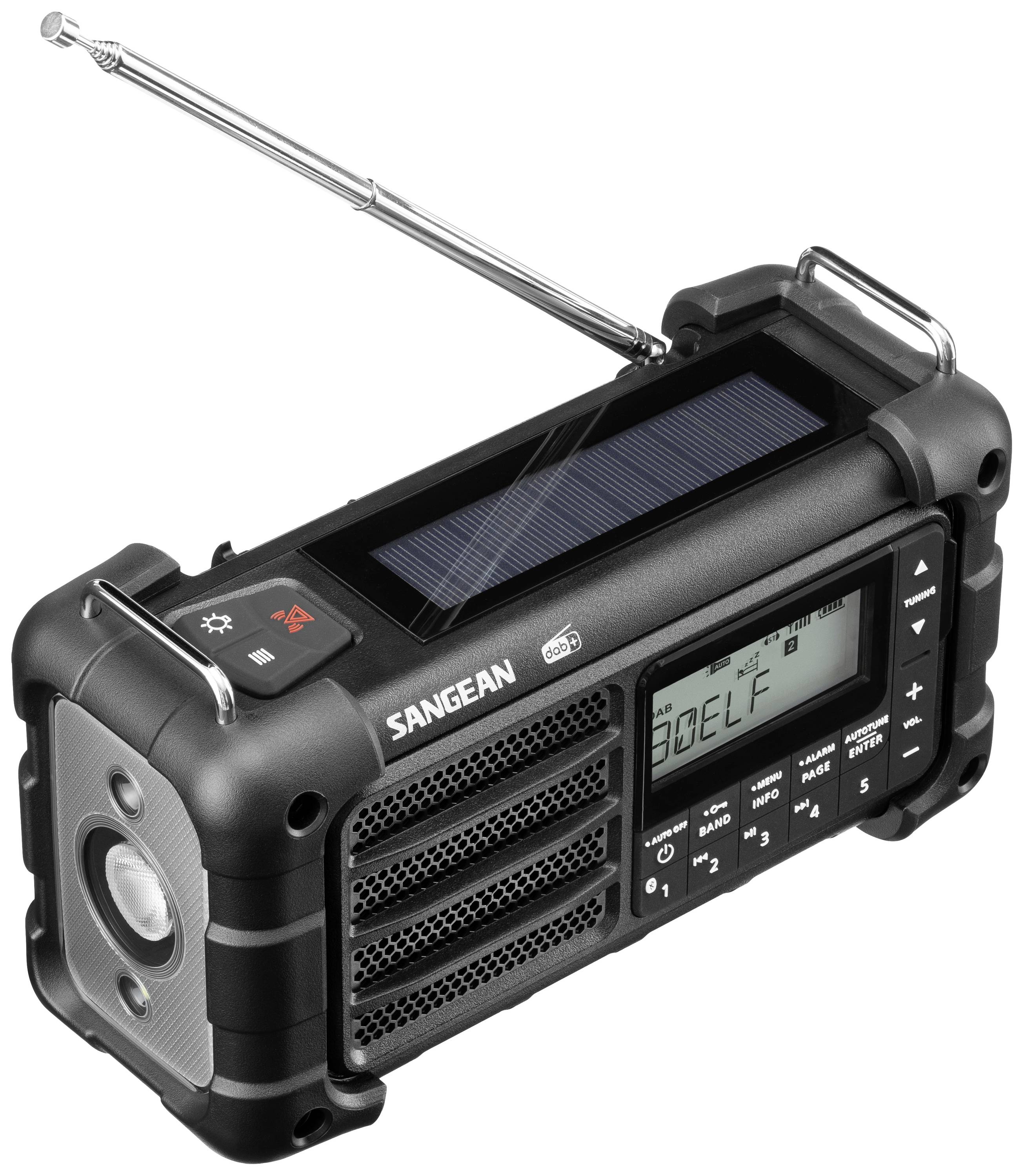 Dynamisches schwarzes Radio mit Solarpanel und ausziehbarer Antenne, zeigt die Frequenz auf digitalem Display.