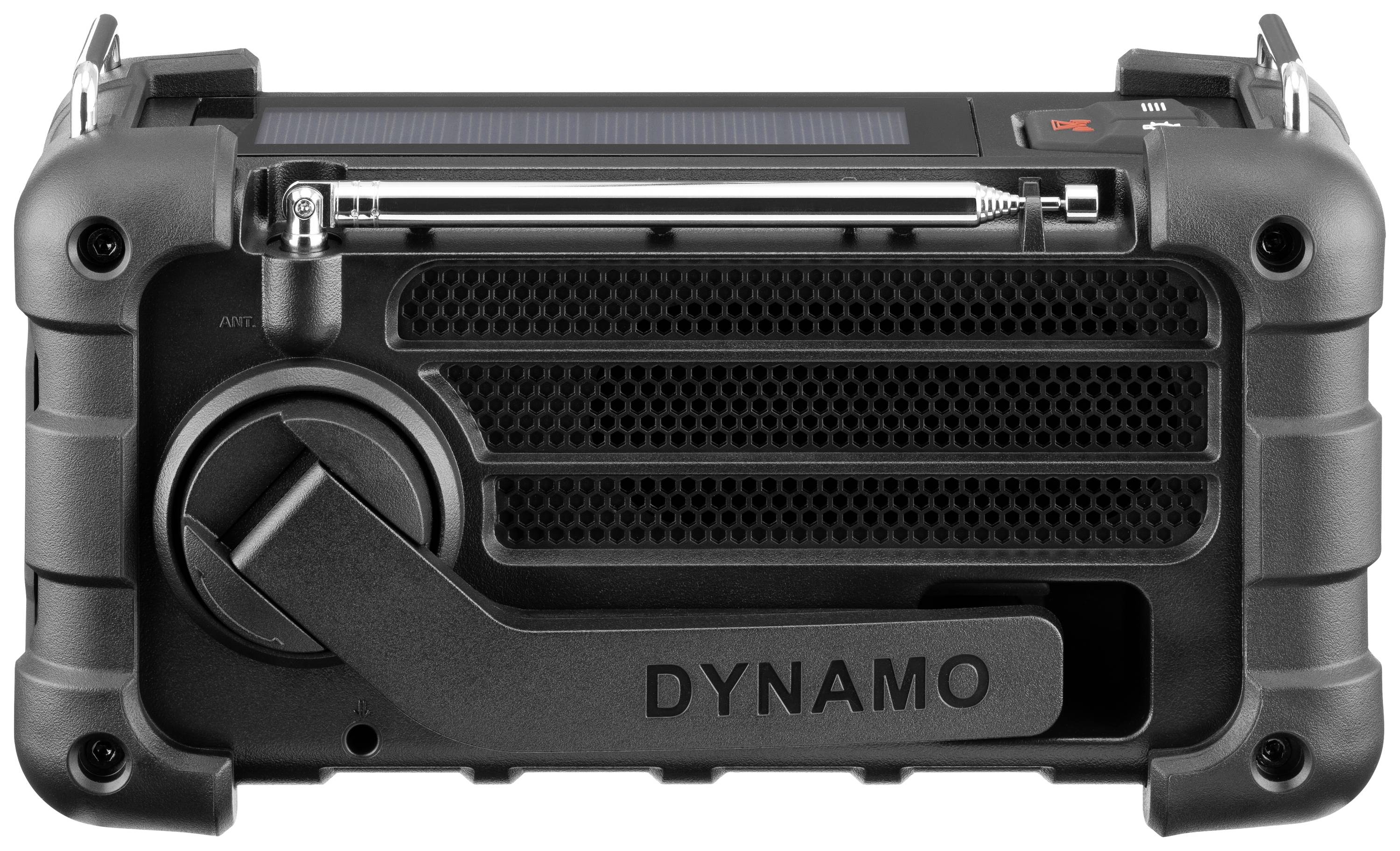 Tragbares Notfallradio mit Kurbelgenerator und Solarpanel zur Energieerzeugung, geeignet für den Einsatz bei Stromausfällen.