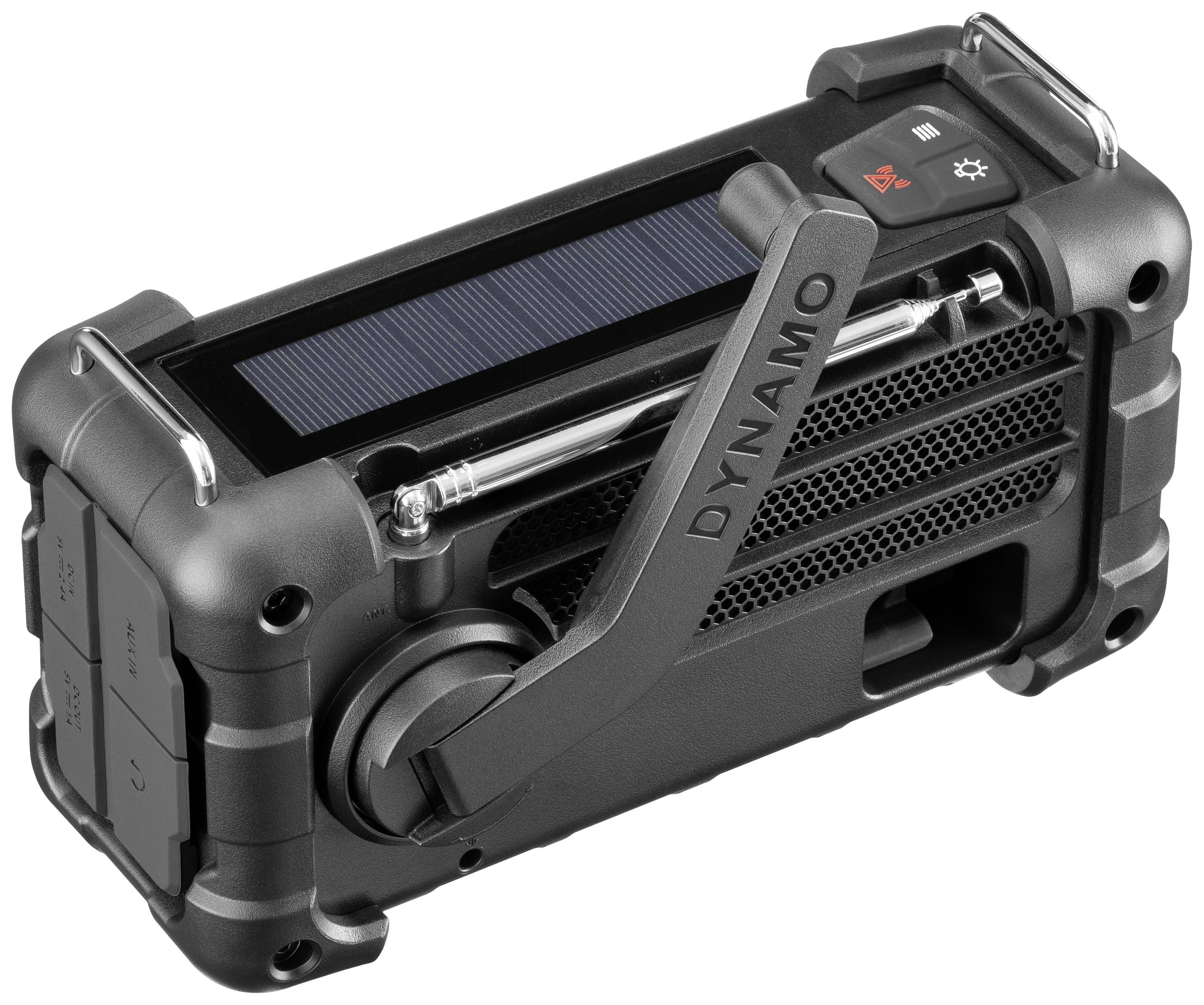 Schwarzes, tragbares Radio mit Solarpanel und Handkurbel, markiert mit 'Dynamo', enthält Tasten und Einstellungen für Notbetrieb.