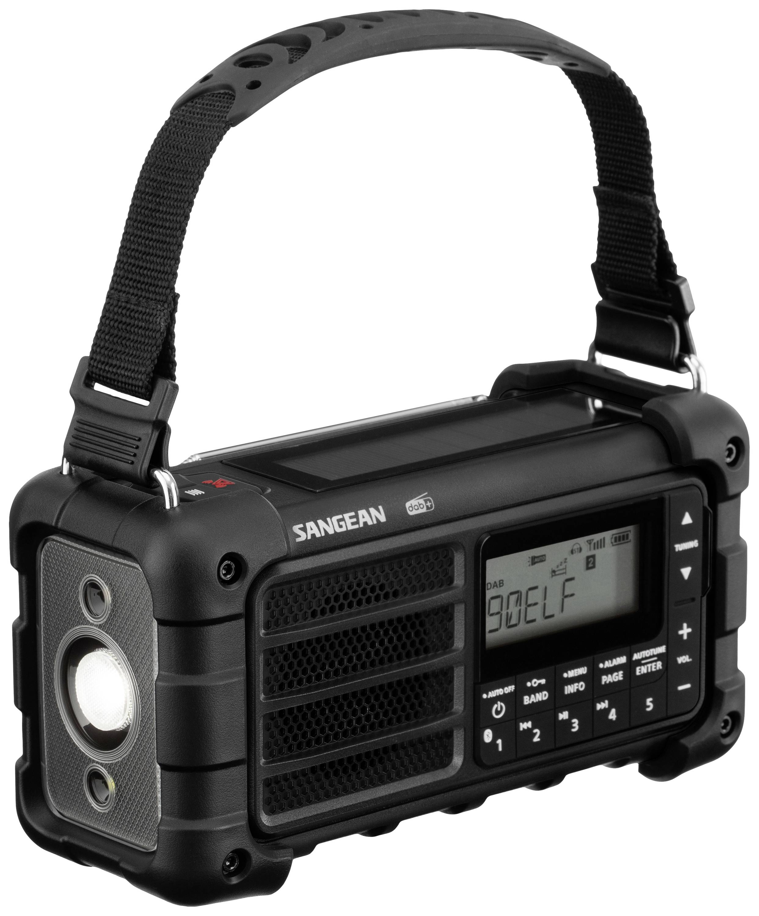 Ein tragbares, schwarzes Radio mit Griff und Display, das die Frequenz '90.8 FM' anzeigt. Links ist ein Lautsprecher sichtbar.