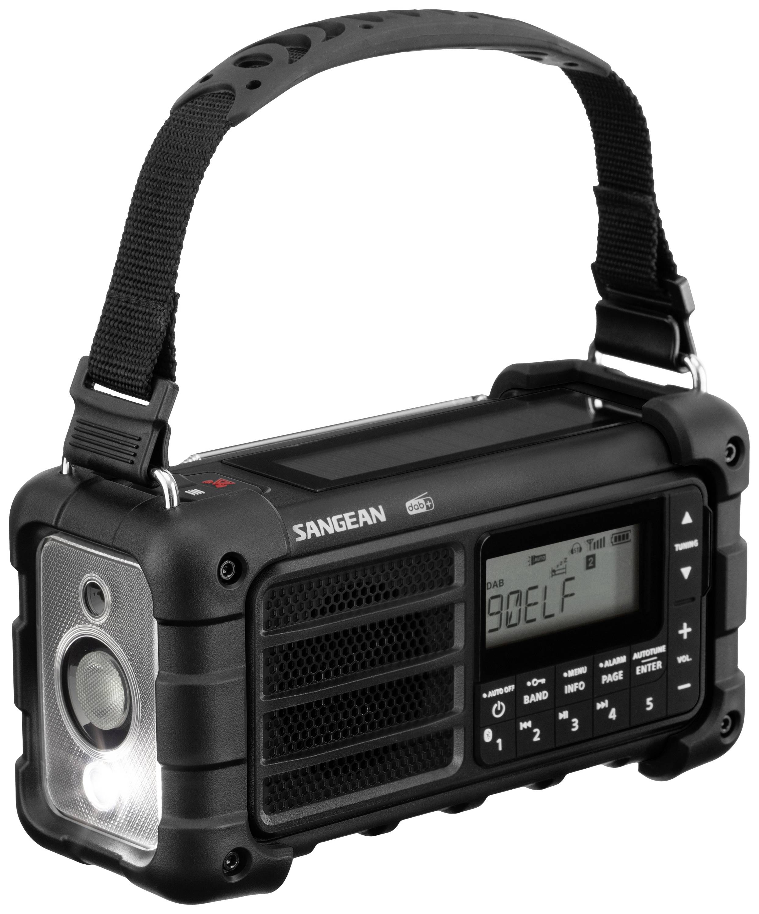Ein tragbares, schwarzes Radio mit digitalem Display und Sendereinstellung, besitzt eine Trageschlaufe und ist robust gestaltet.