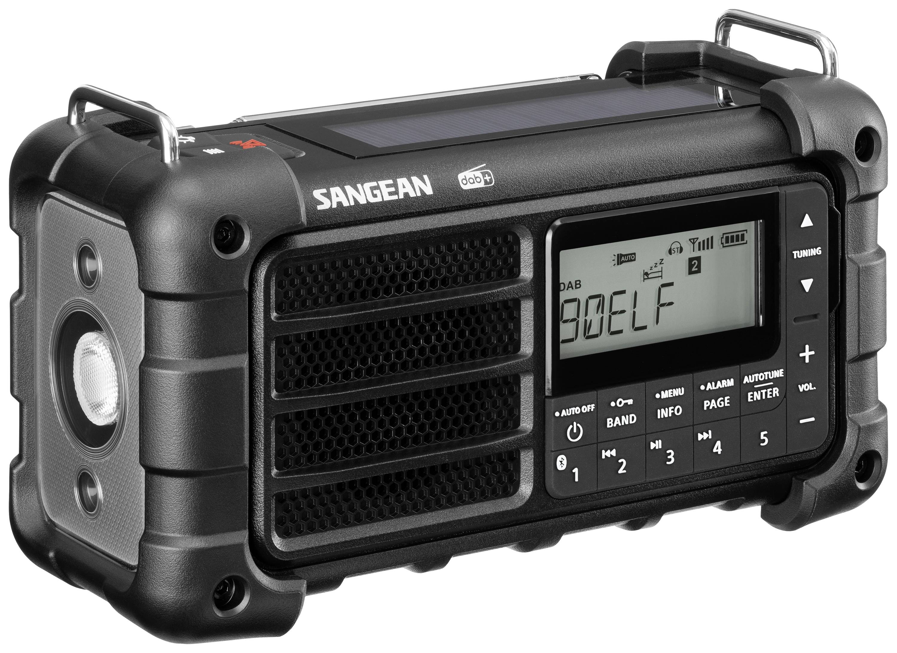 Tragbares DAB+ Radio im robusten Design mit Digitalanzeige und Tasten für Sender, Band, Info und Lautstärke. Ideal für Outdoor-Nutzung.