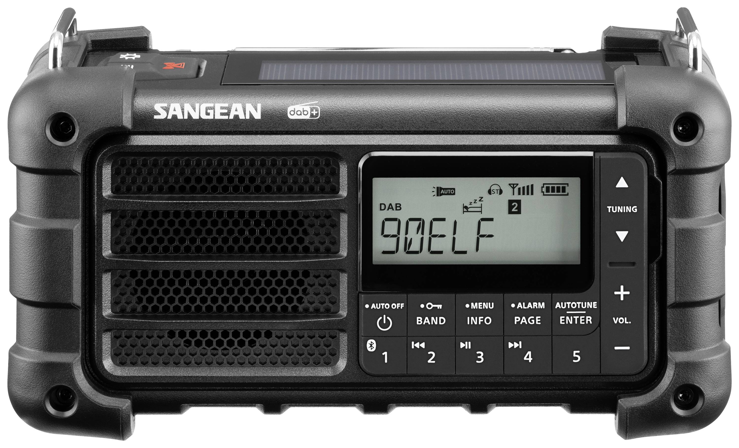 Ein tragbares, robustes DAB+ Radio von Sangean mit Solarpanel auf der Oberseite, zeigt den Sender '90ELF' auf dem Display.