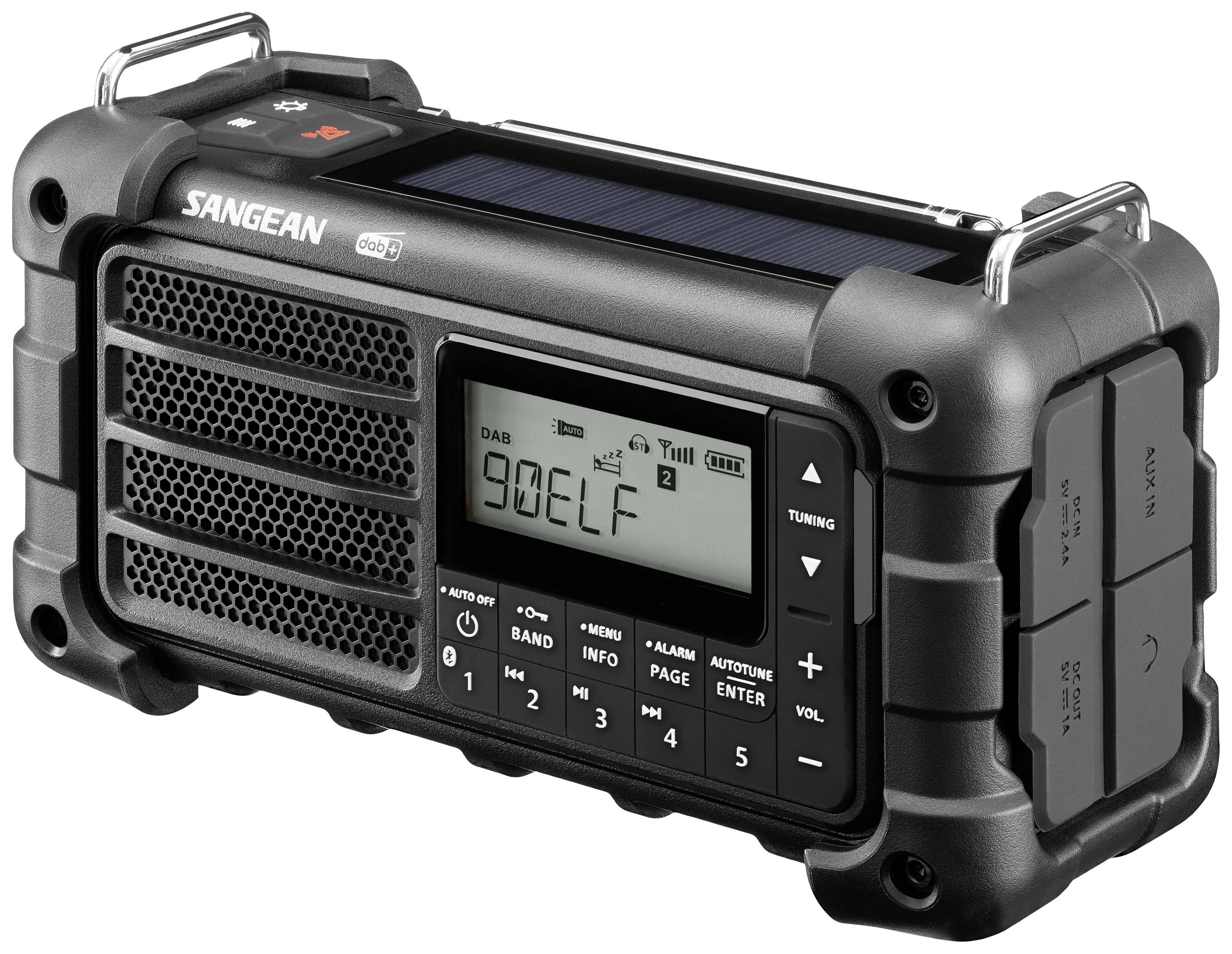 Ein tragbares, robustes Radio mit Solarmodul und digitalem Display, das auf '90 ELF' eingestellt ist. Markenname sichtbar.