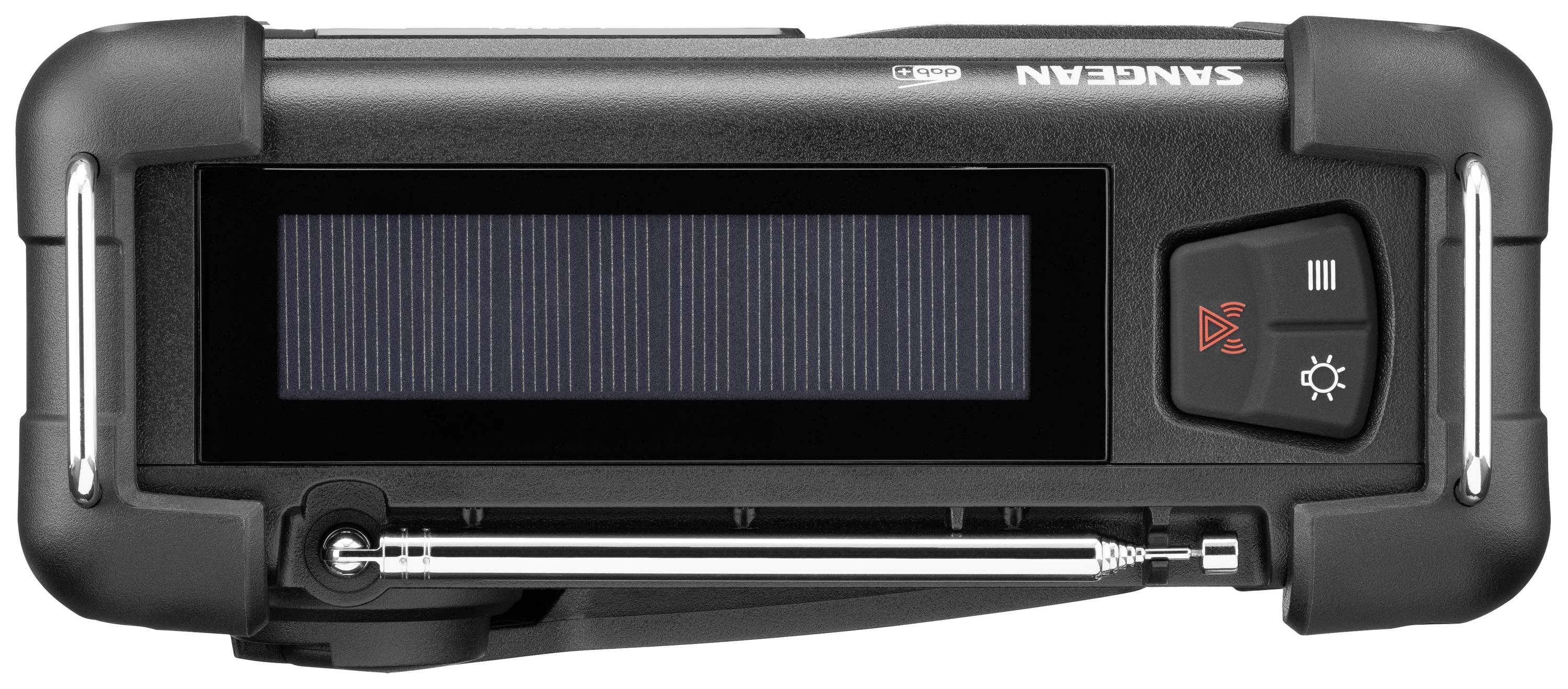 Radiogerät mit Solarpanel auf der Oberseite und Bedientasten rechts.
