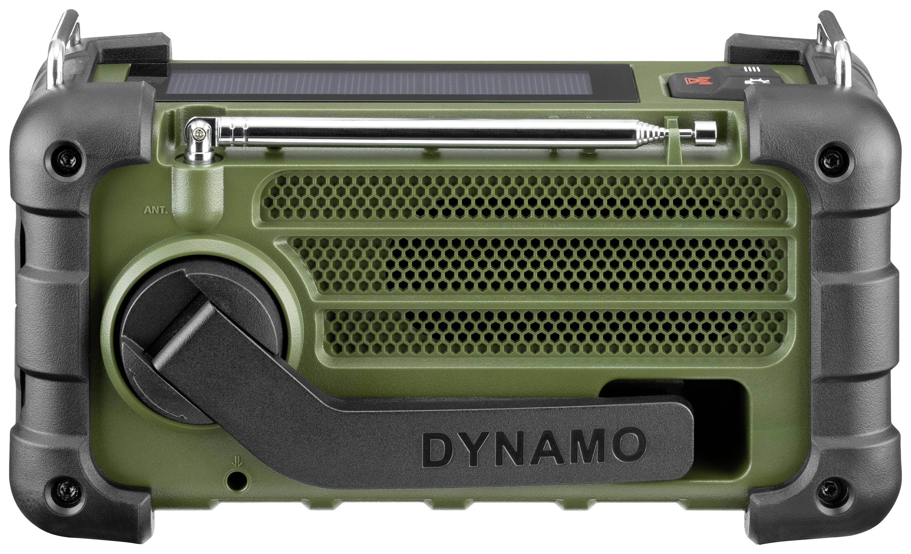 Grünes Dynamo-Radio mit Solarpanel, Kurbel und Antenne. Robustes Design für Outdoor-Nutzung. Ideal für Notfallsituationen.