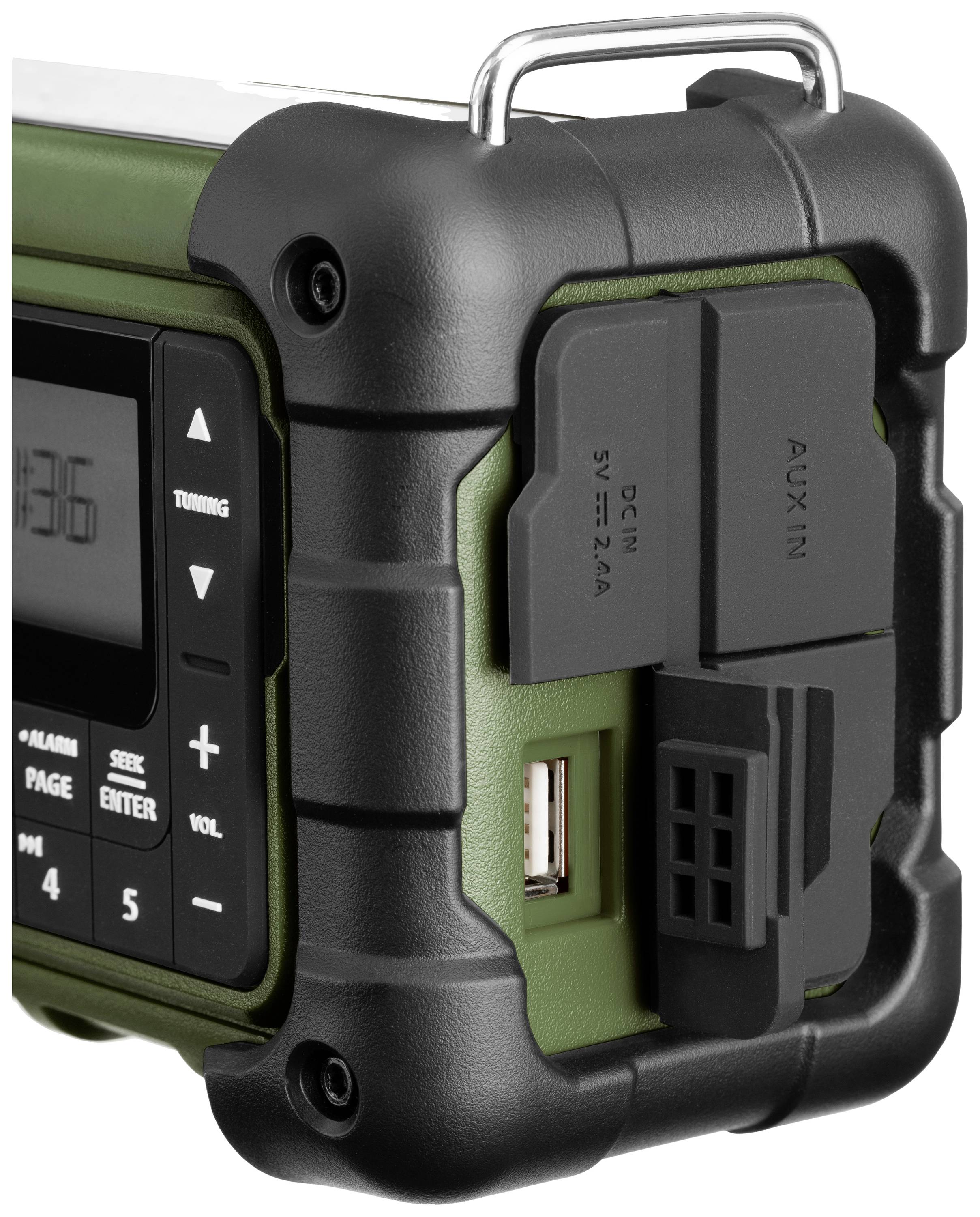 Ein tragbares, robustes Gerät mit USB-Ladeanschluss und AUX-Eingang, geeignet für Outdoor-Einsätze.