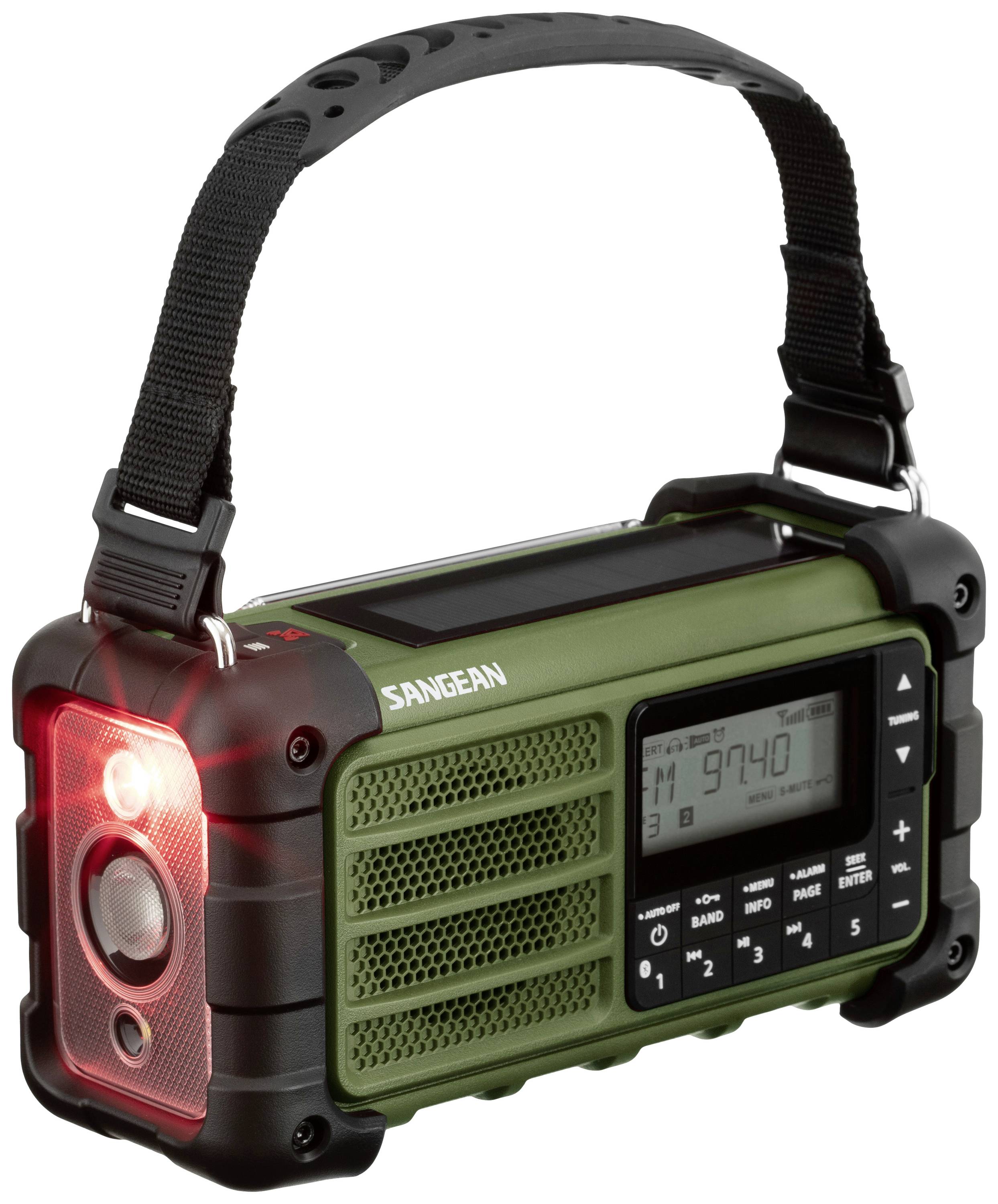 Ein tragbares grünes Radio mit LED-Licht, einem digitalen Display, Gummischutz und einem schwarzen Tragegurt. Ideal für Outdoor-Aktivitäten.