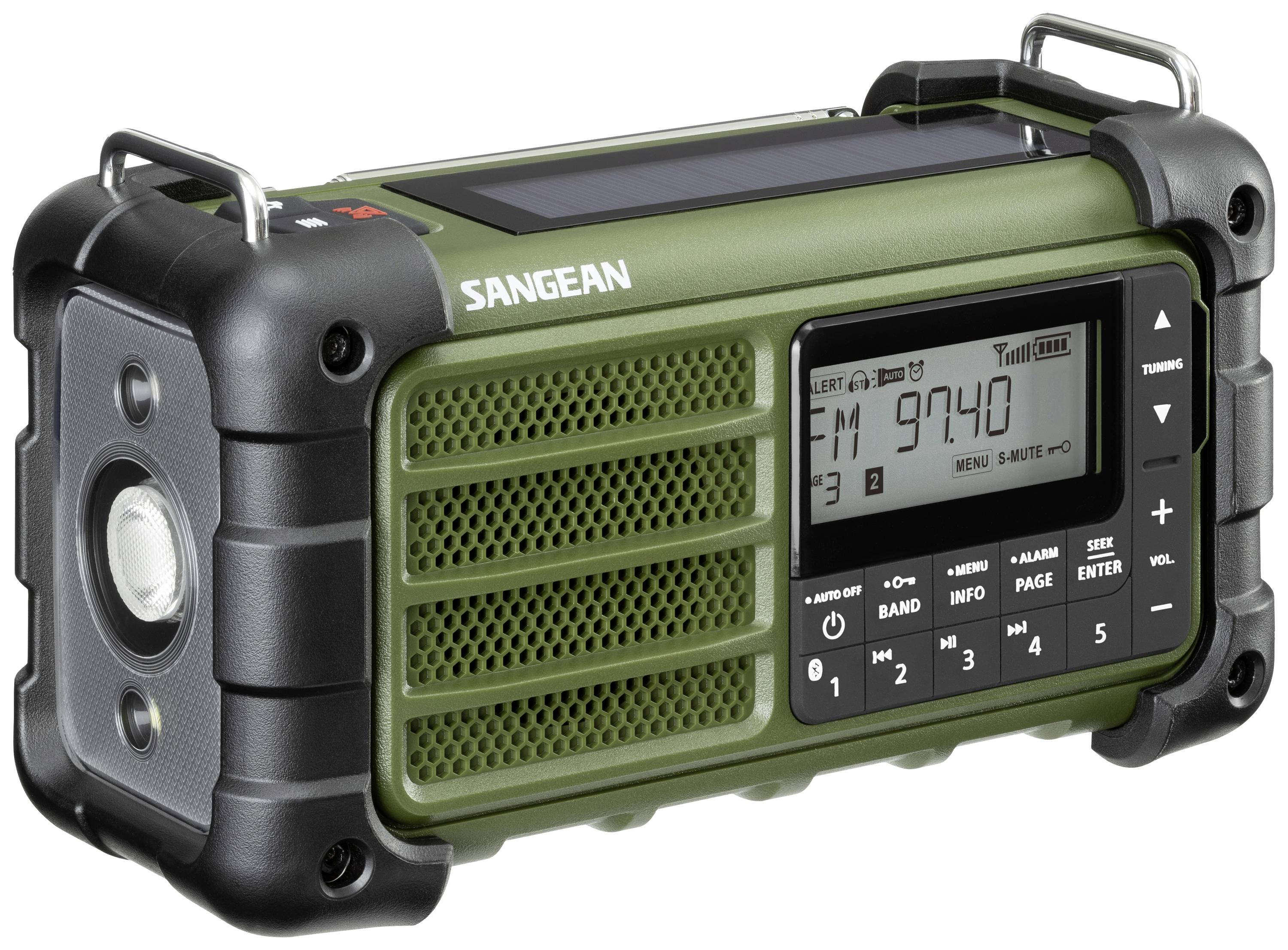 Ein tragbares grün-schwarzes Radiosystem mit Display, Tasten zur Senderwahl und Lautstärkeregler. Markenname ist sichtbar.