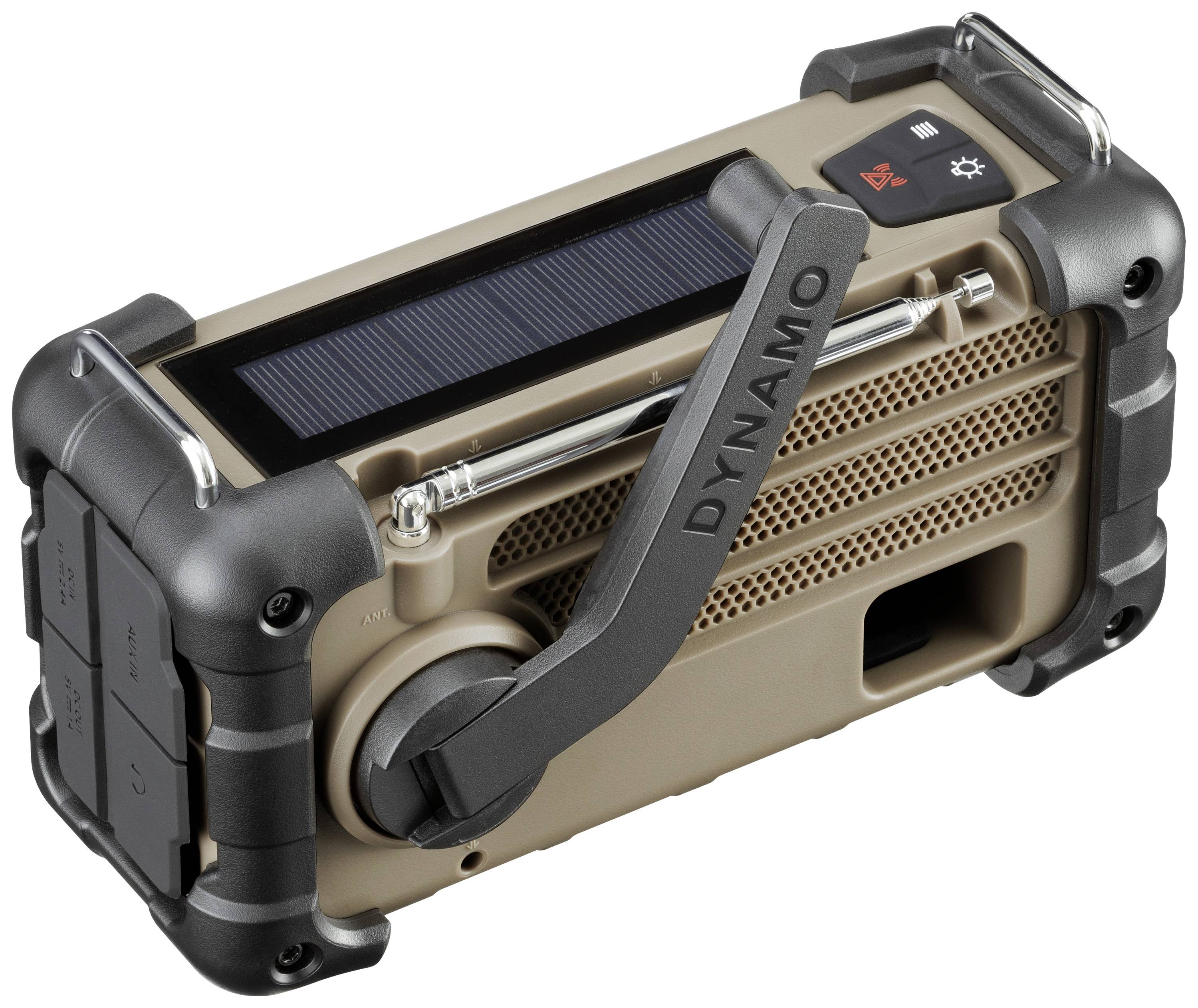 Tragbares Notfallradio mit Kurbel und Solarpanel, robustes Design, seitliche Knöpfe und Antenne. Geeignet für Outdoor-Aktivitäten.