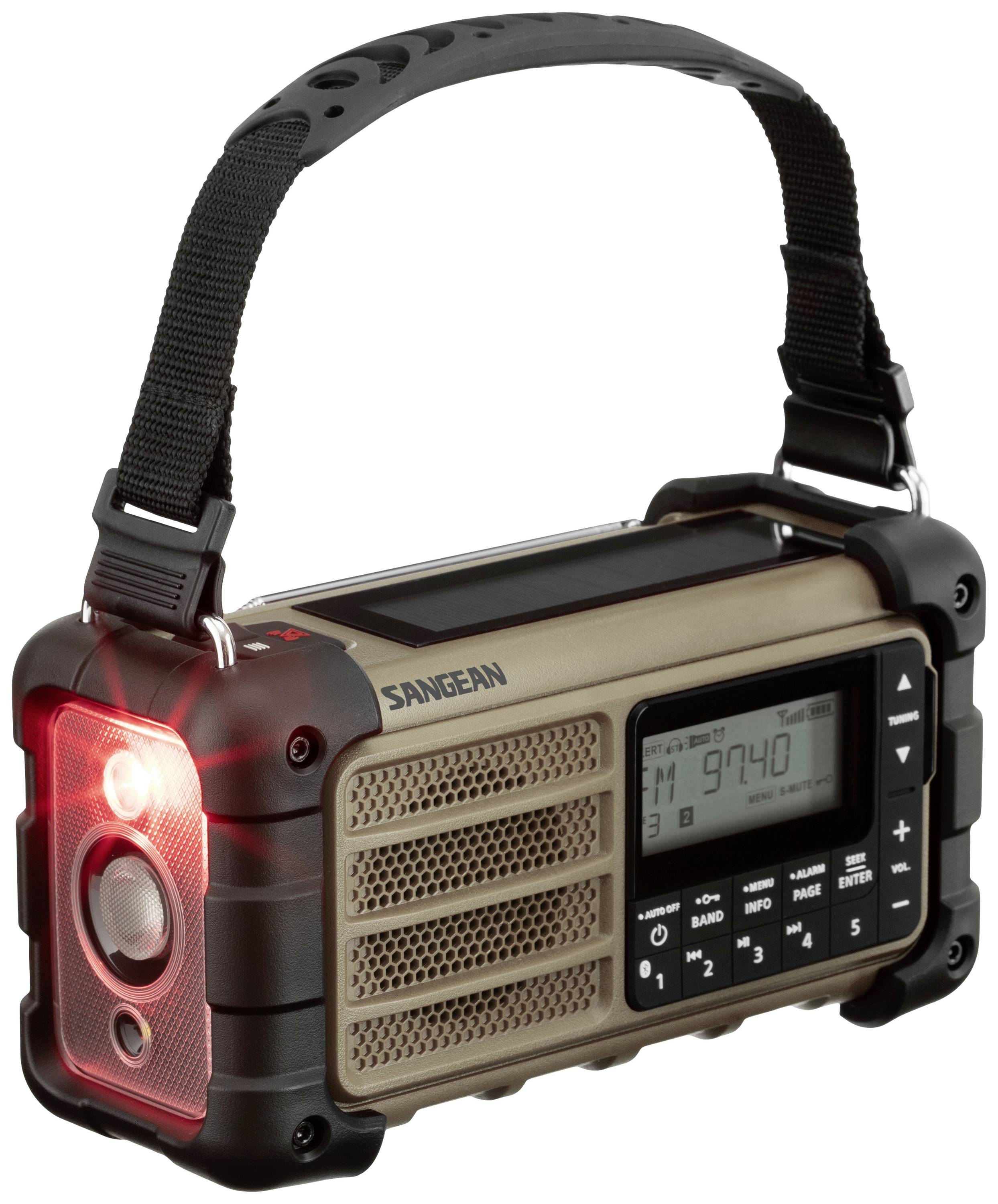 Ein tragbares Radio in robustem Design mit Tragegriff. Es hat eine digitale Anzeige, Tasten zur Steuerung und eine leuchtende LED-Lampe.