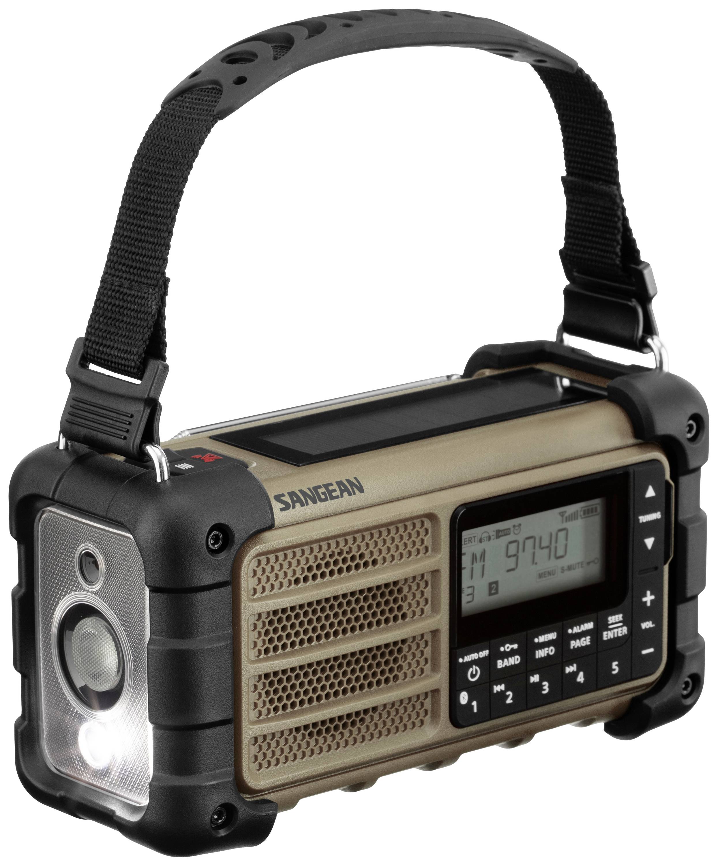 Tragbares Outdoor-Radio in robustem Gehäuse, mit großem Lautsprecher, digitalem Display und stabilen Trageriemen. Ideal für Ausflüge.