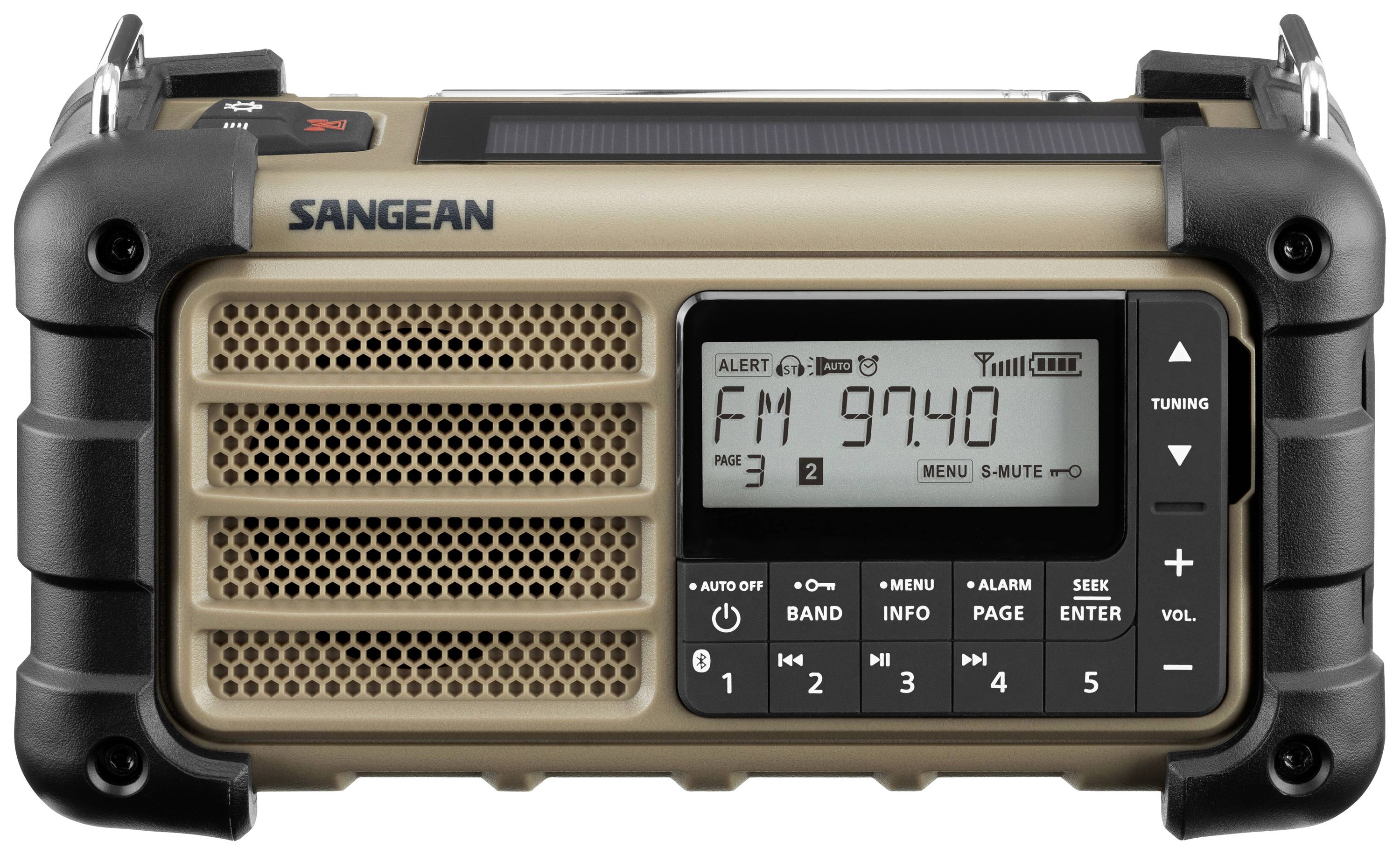 Tragbares Radio mit robustem Design, digitalem Display zeigt 'FM 97.40', Bedientasten für Sender und Lautstärke auf der Vorderseite.