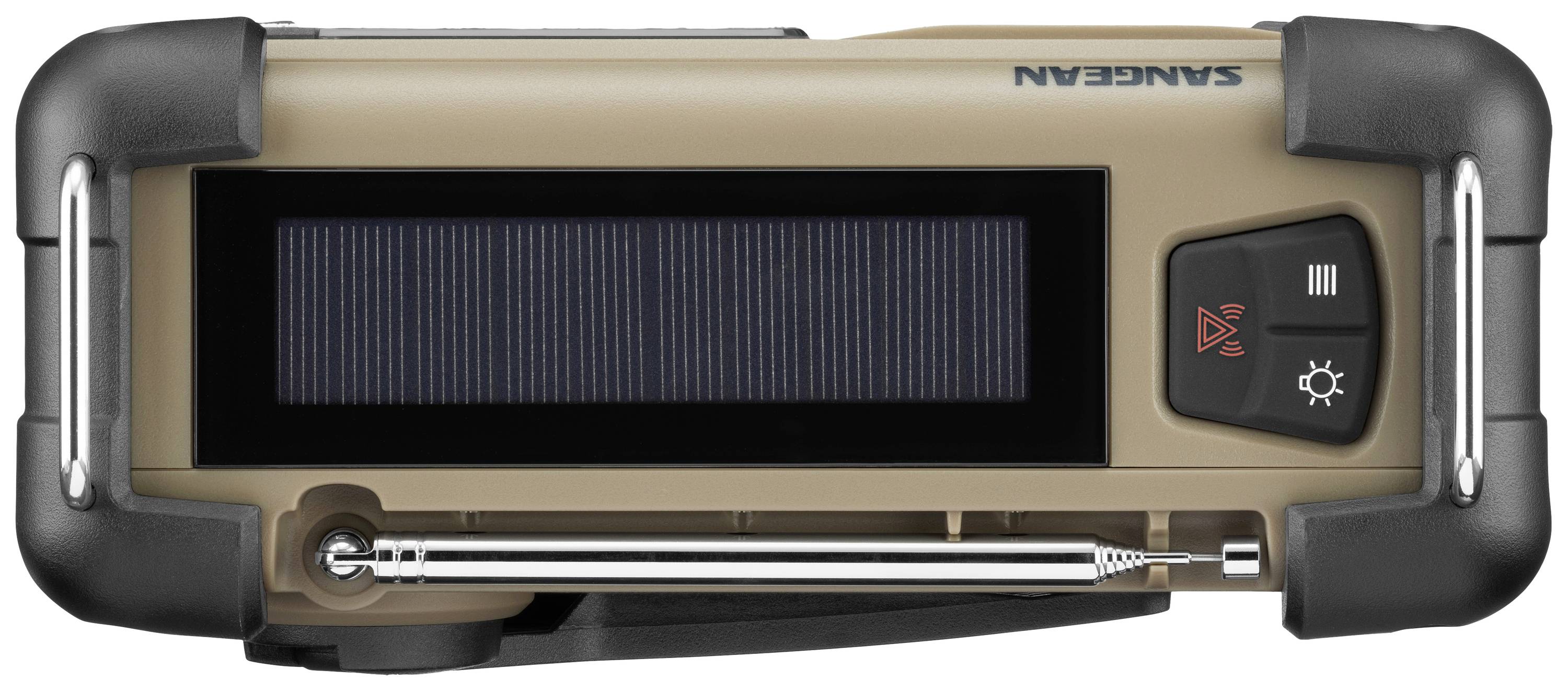 Handkurbel-Radio in Beige und Schwarz mit Solarpanel, Antenne, und Bedienelementen auf der Vorderseite.