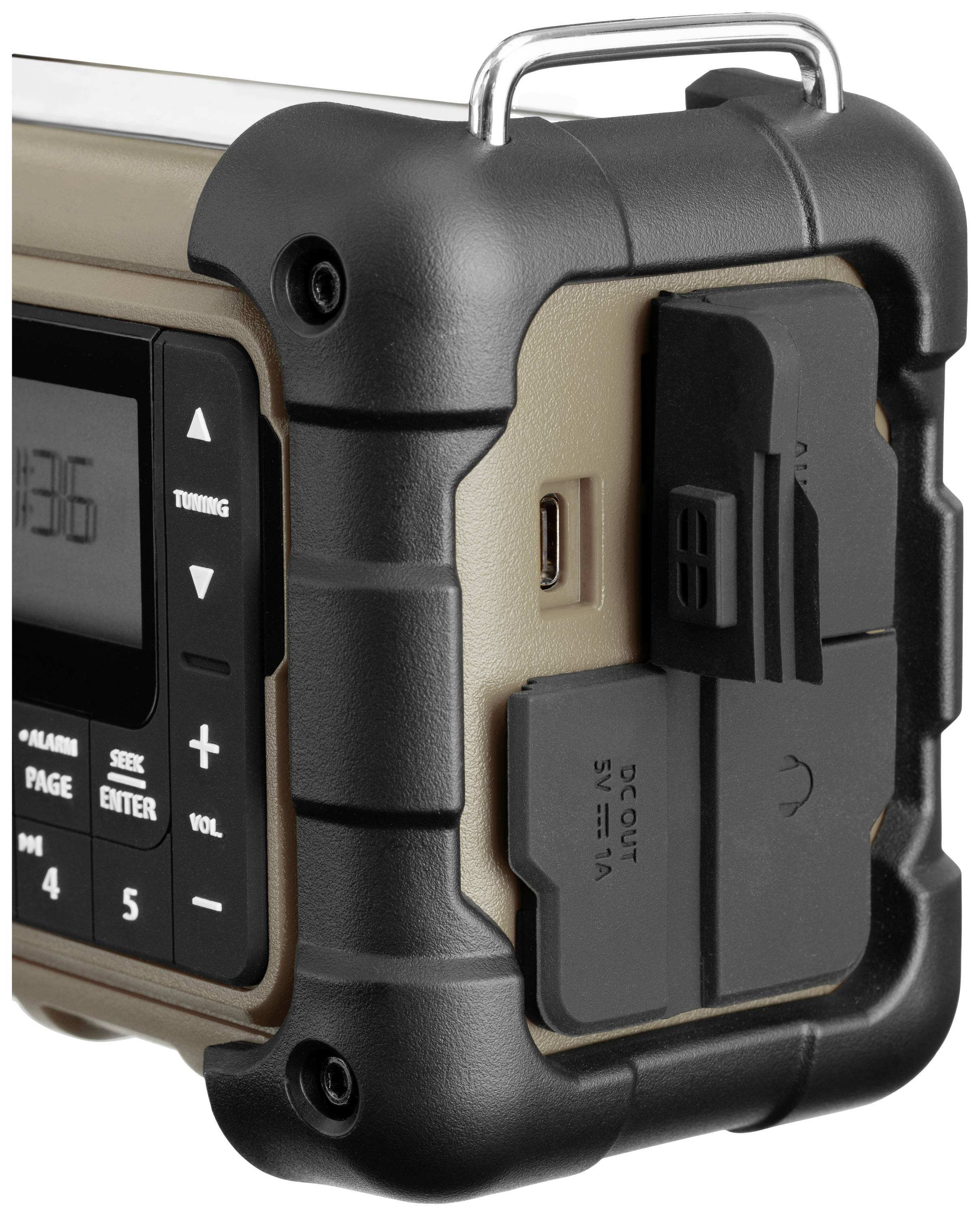 Tragbares Radio mit robustem Design, schwarzem Schutzrahmen, Tuning- und Lautstärketasten. USB- und DC OUT-Anschlüsse seitlich.