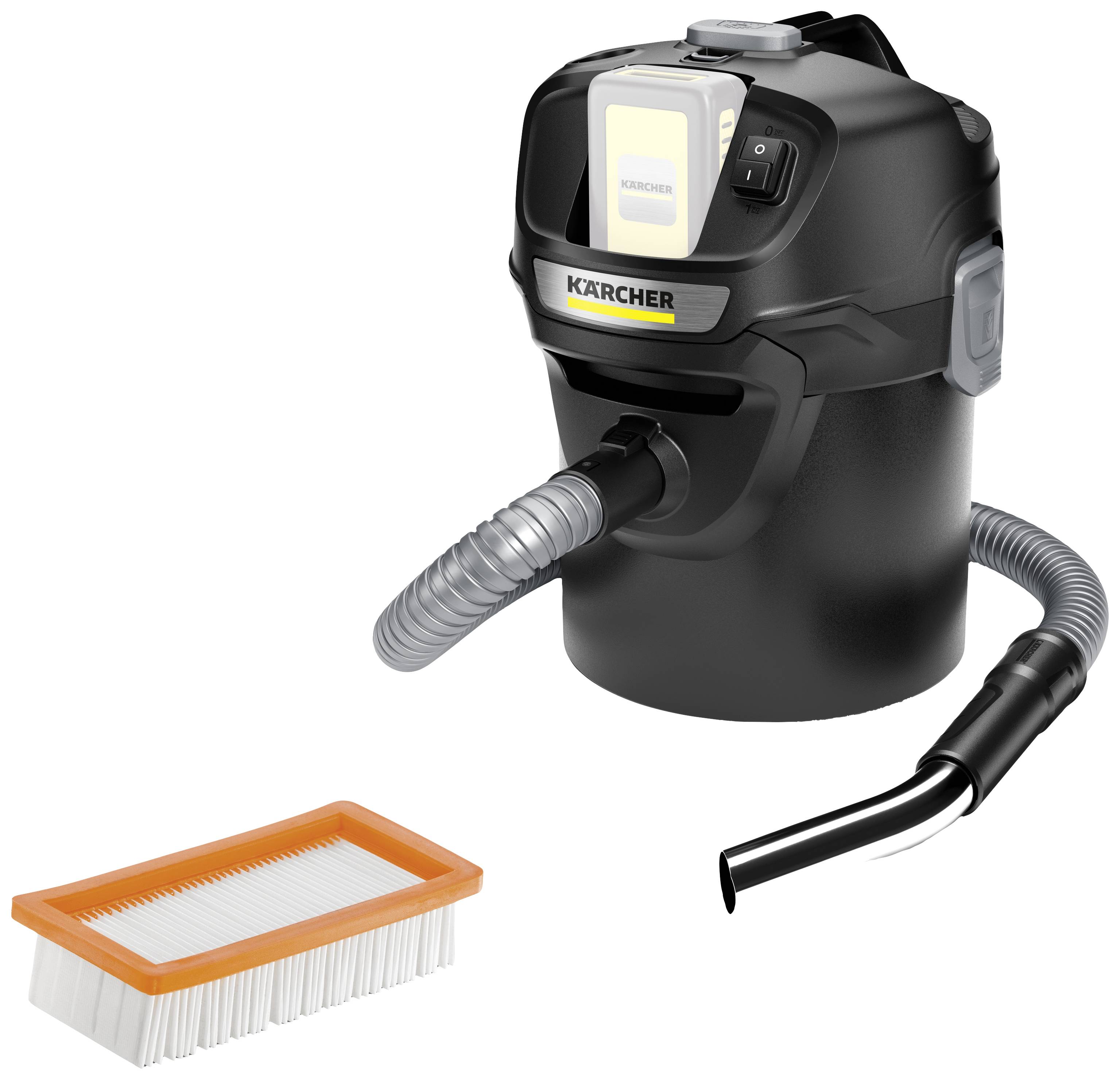 Ein schwarzer Aschesauger mit Schlauch und Düse steht neben einem austauschbaren Filter mit orangefarbenem Rahmen.