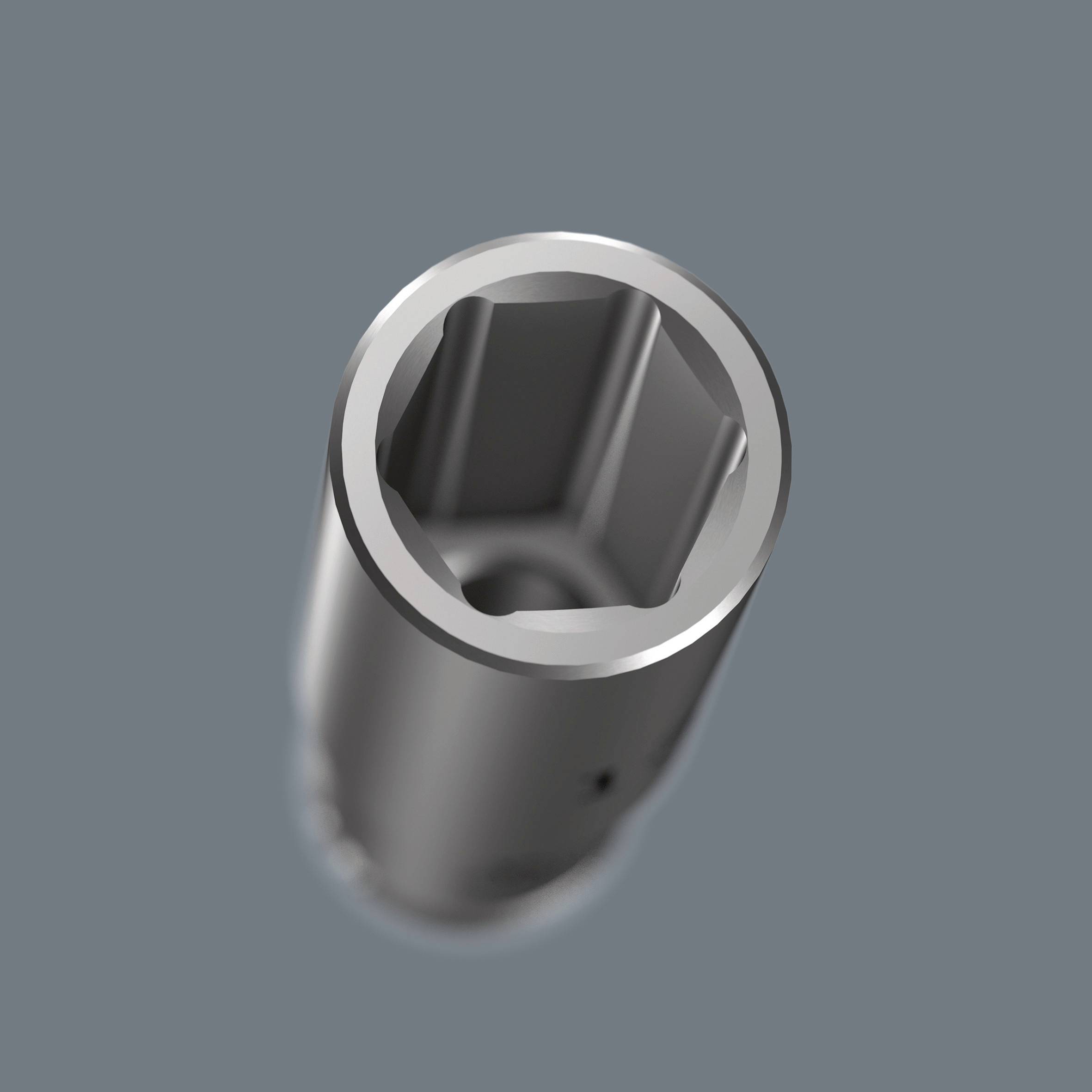 Sechskant-Steckschlüsselaufsatz aus Metall, perspektivisch von oben, dient zum Drehen von Sechskantschrauben oder Muttern.