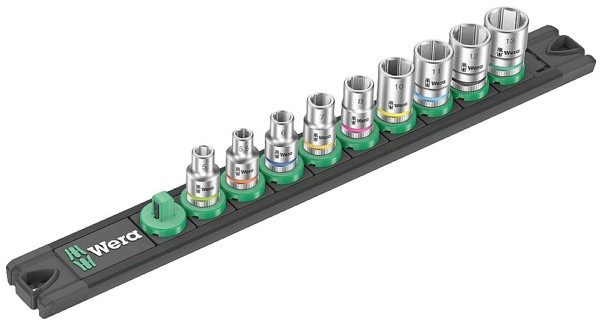 Satz von zehn Wera-Stecknüssen in verschiedenen Größen auf einer Halterung, farbcodiert für unterschiedliche Maße.