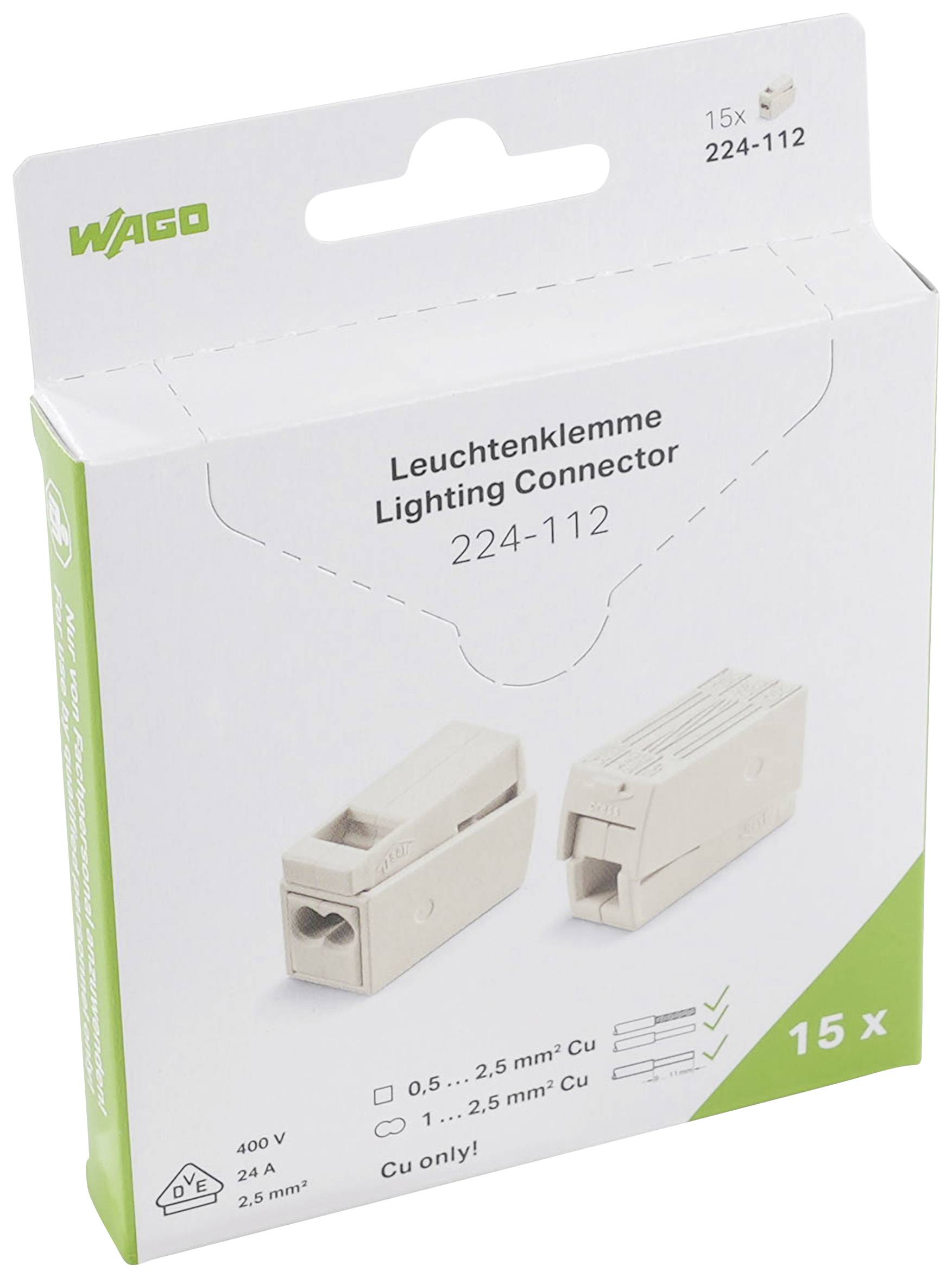 WAGO 224-112 Leuchtenklemme flexibel: 0.5-2.5 mm² starr: 1-2.5 mm² Polzahl: 3 15 St. Weiß