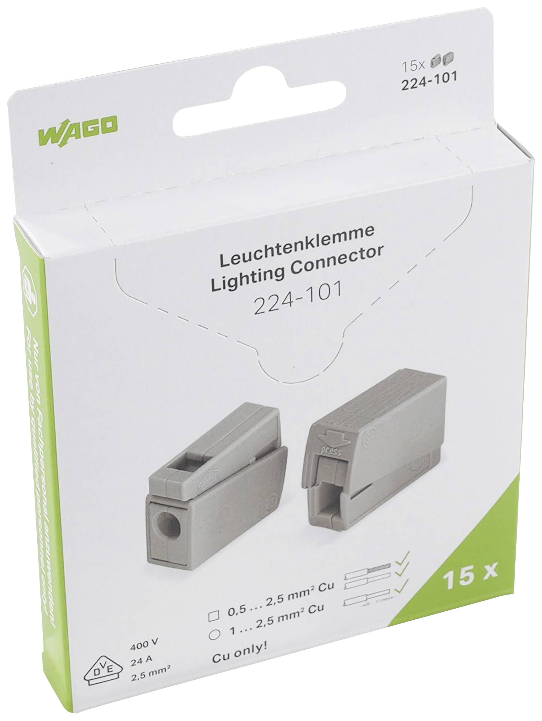 WAGO 224-101 EUCHTENKLEMME Leuchtenklemme flexibel: 0.5-2.5 mm² starr: 0.5-2.5 mm² Polzahl: 2 15 St. Grau