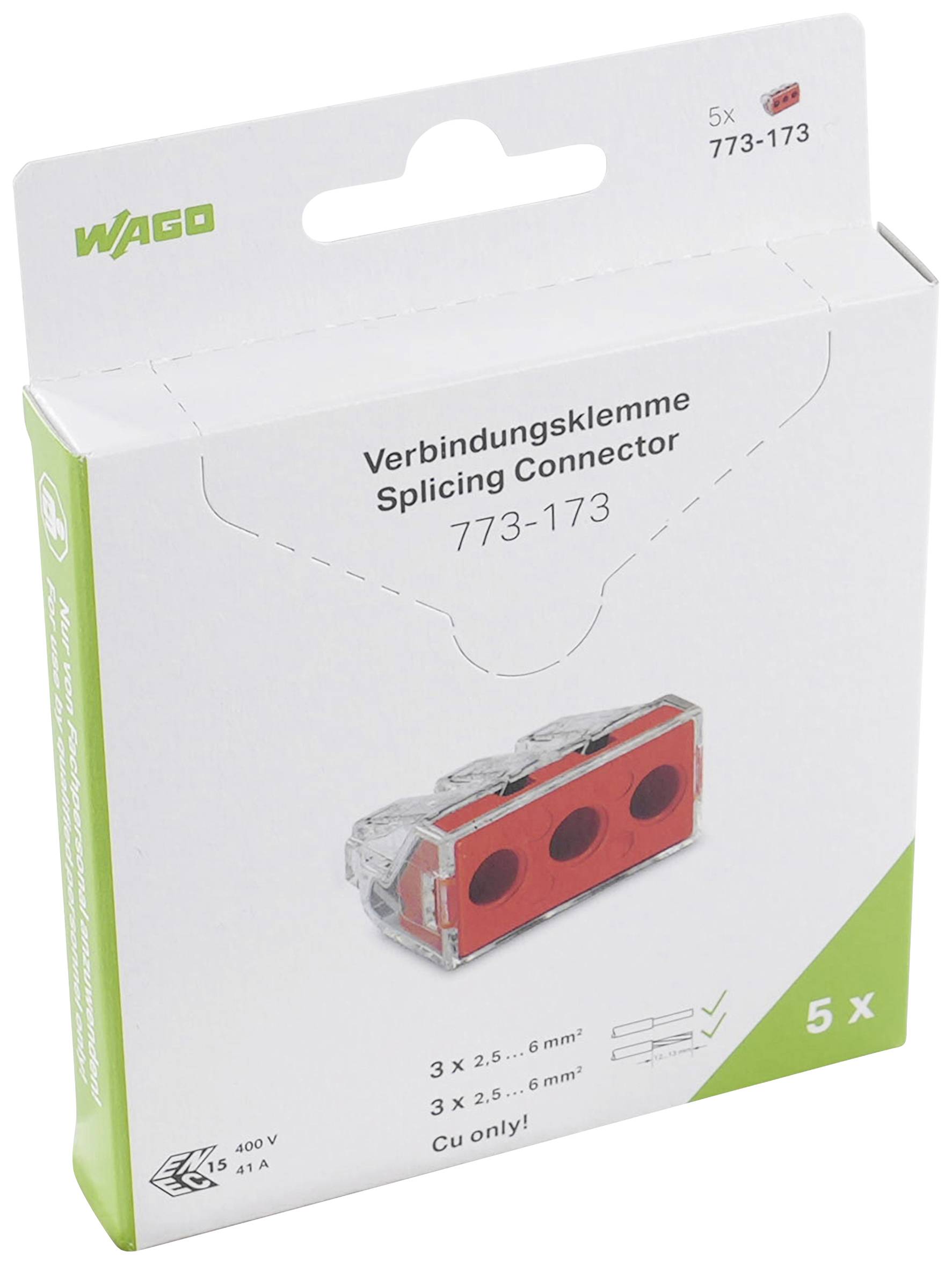 WAGO 773-173 Verbindungsklemme flexibel: - starr: 2.5-6mm² Polzahl: 3 5 St. Transparent, Rot