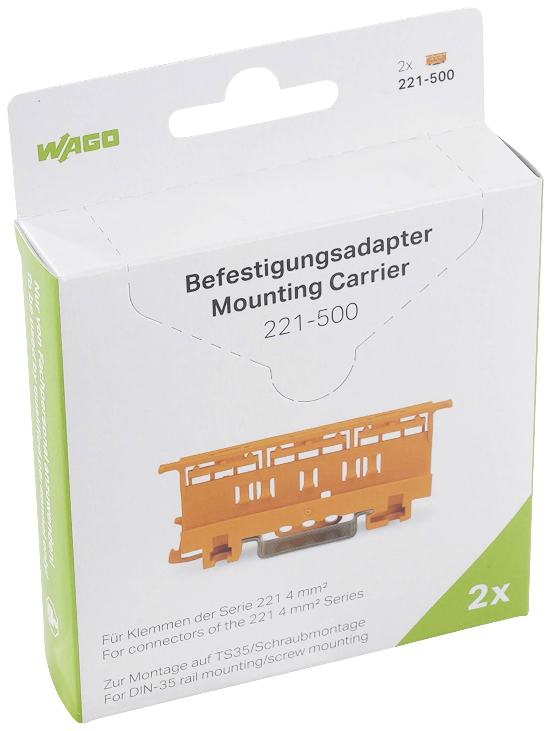 Verpackung eines Befestigungsadapters der Marke WAGO, Modell 221-500. Enthält zwei Adapter für die Serie 221 für DIN-35 Montage.
