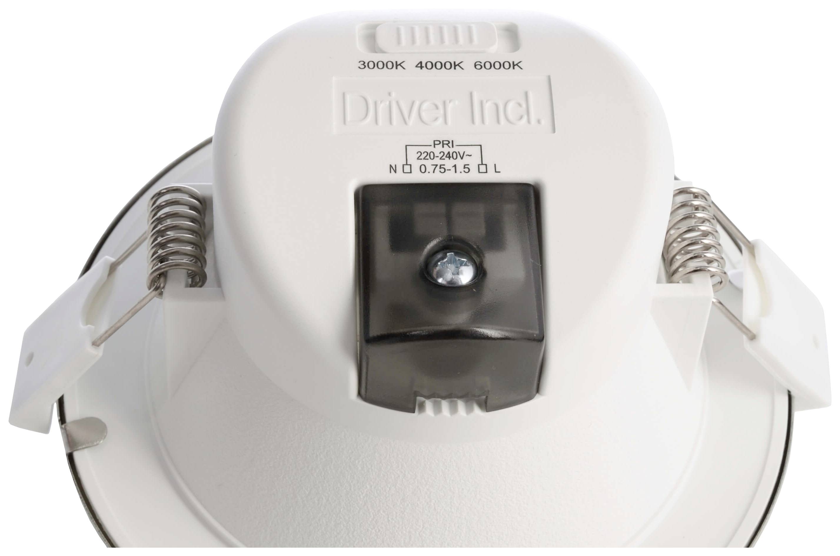 Ein weißer LED-Spotlight-Treiber mit Farbtemperaturwahl (3000K, 4000K, 6000K). Geeignet für 220-240V, Modellnummer N0.75-1.5 0L.