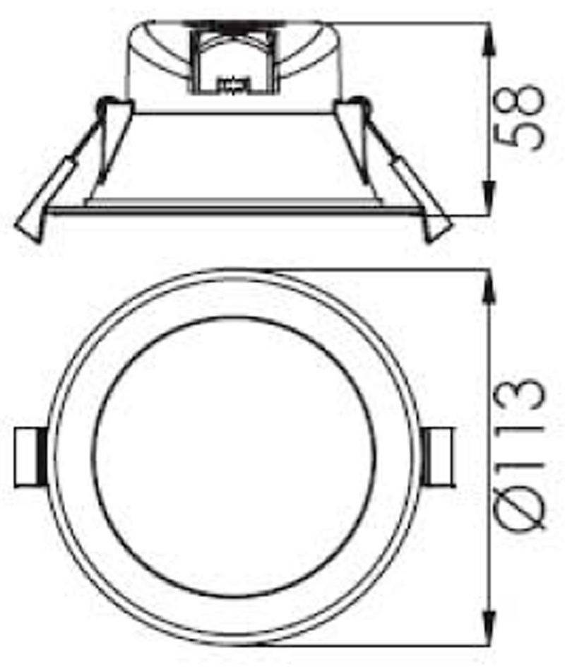 Technische Zeichnung einer runden Einbaulampe mit den Maßen: Durchmesser 113 mm, Höhe 58 mm.