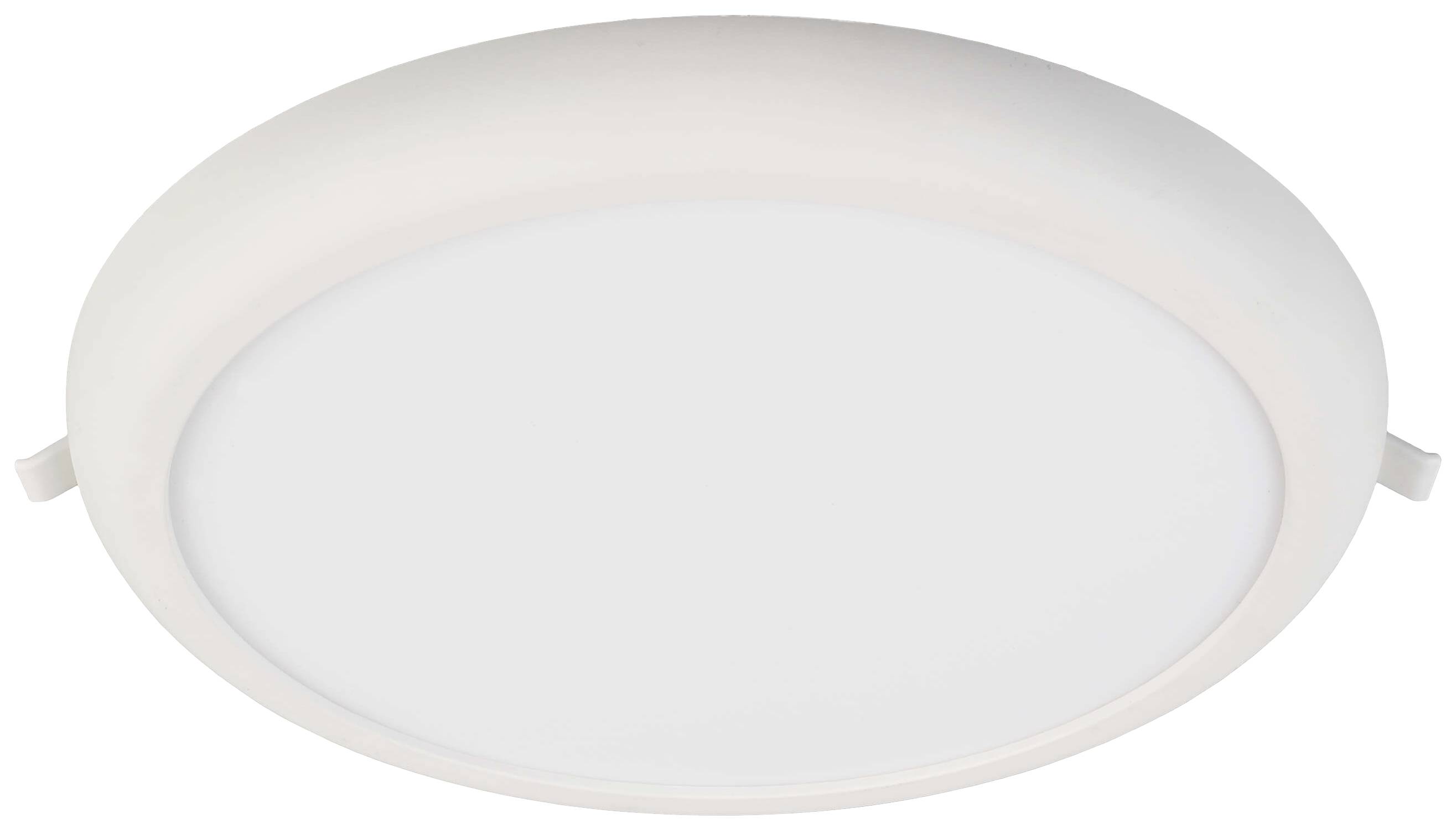 Weiße runde LED-Deckenleuchte mit flachem Profil, geeignet für moderne Innenräume.