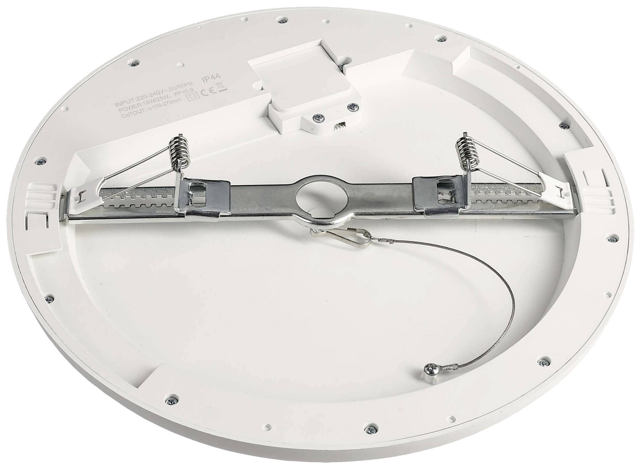 Runde, weiße Deckenleuchte mit Metallhalterungen und Sicherheitsdraht an der Rückseite.