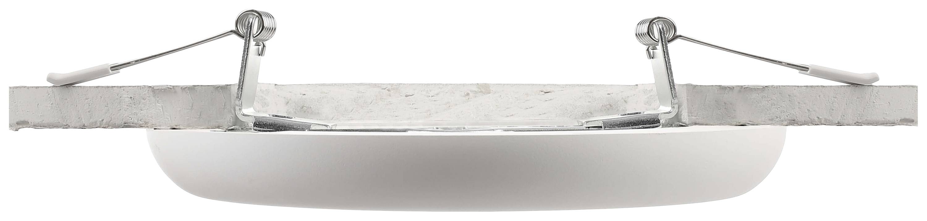Runde Einbauleuchte mit Metallklemmen, seitlich an eine Decke montiert. Ideal für moderne Innenbeleuchtung.