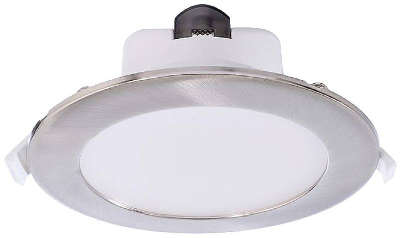 Runde LED-Einbauleuchte mit silbernem Rahmen, weißer Abdeckung und Kunststoffgehäuse, geeignet für die Deckenmontage.