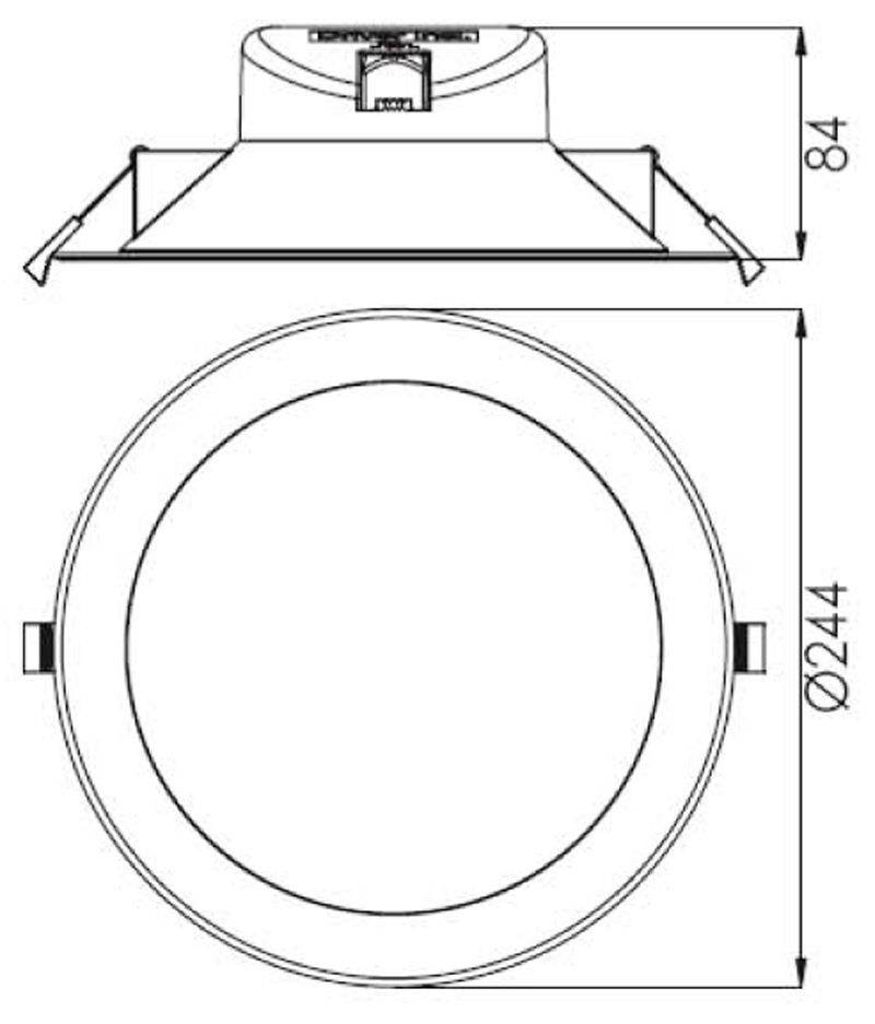 Zeigt einen technischen Zeichnungsplan eines runden Deckenstrahlers mit Maßen: 84 mm hoch und 244 mm Durchmesser.
