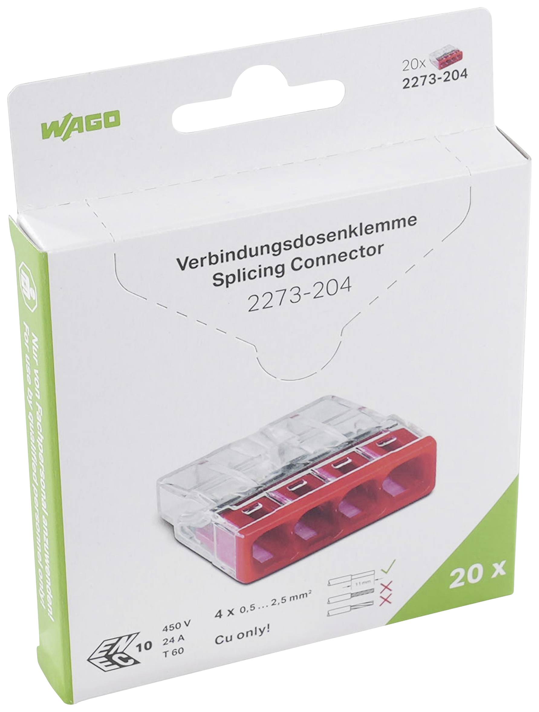 WAGO Verbindungsdosenklemme 2273-204, für 4 Adern, 0,5 bis 2,5 mm², 450 V, 24 A, T60, nur für Cu. Packung mit 20 Stück.