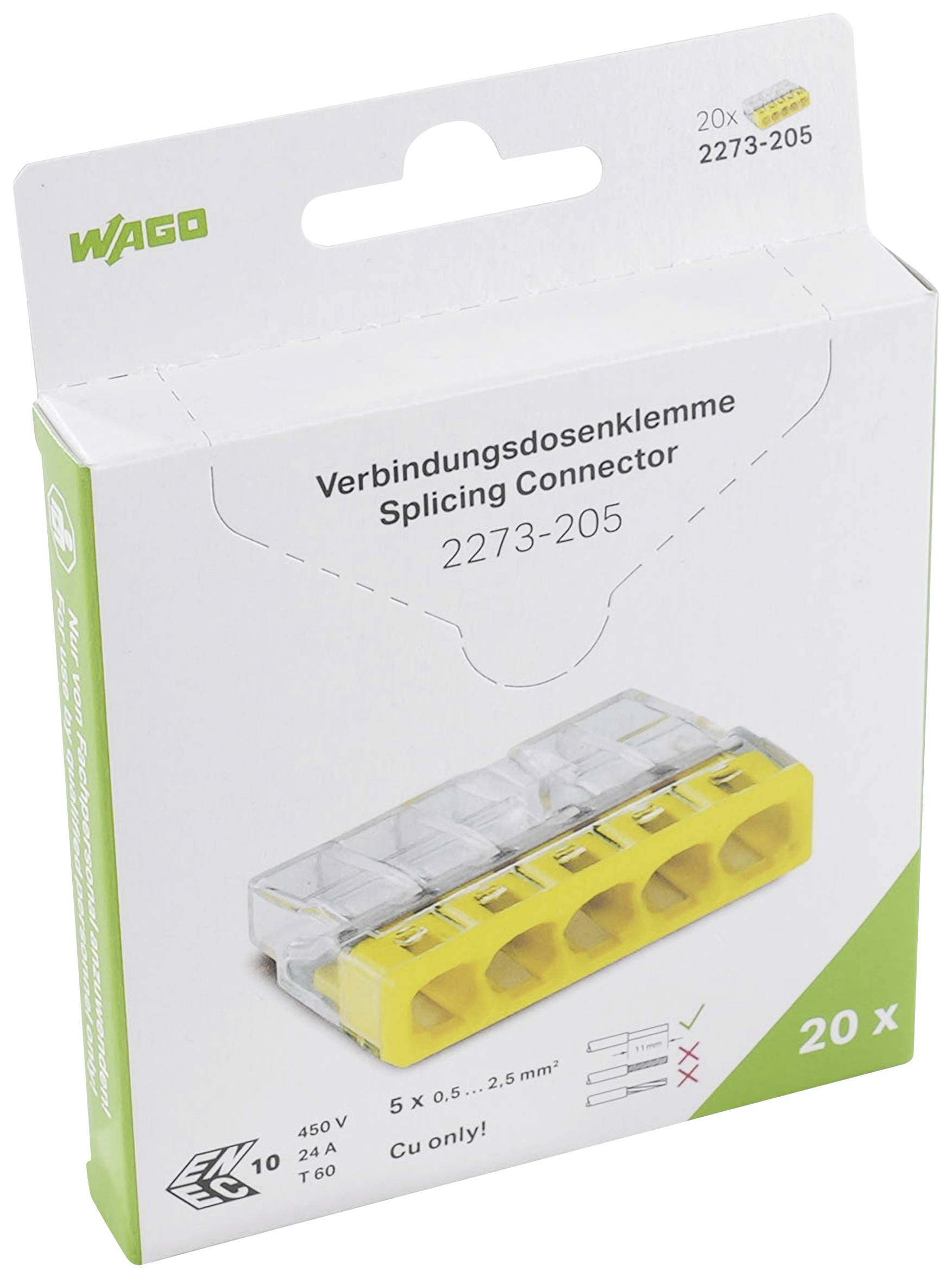 WAGO 2273-205 2273 Dosenklemme flexibel: - starr: 0.5-2.5mm² Polzahl: 5 20 St. Transparent, Gelb