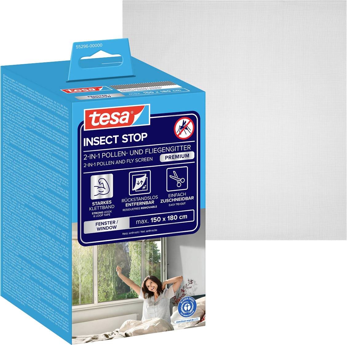 Blaue tesa 'INSECT STOP' Fenster-Fliegengitter-Verpackung mit einem Roll-und-Schneide-System für Fenster bis zu 150 x 180 cm.