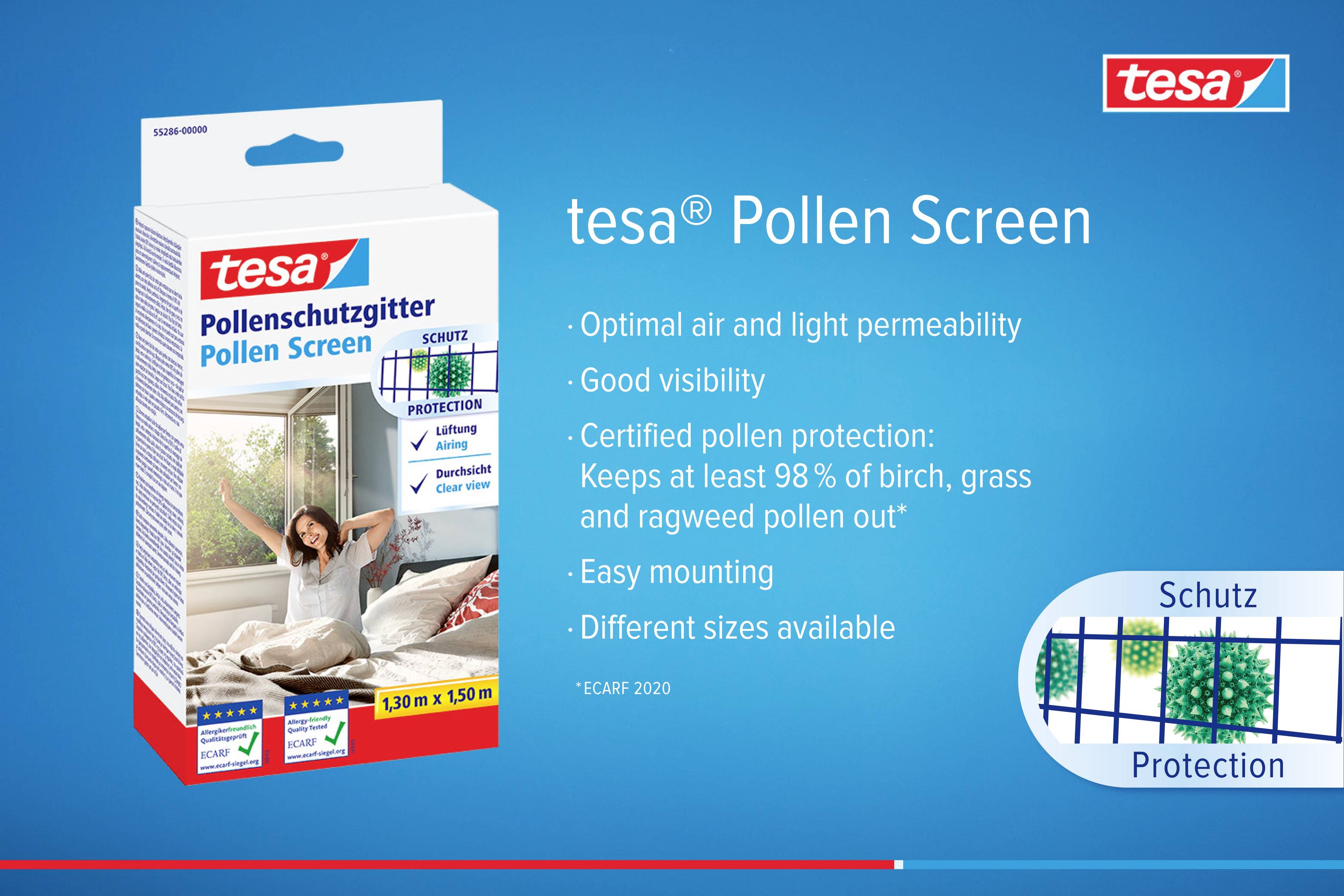 Verpackung von 'tesa Pollen Screen', bietet Schutz vor Pollen und lichtdurchlässige Luftdurchlässigkeit. Bild einer entspannten Person am Fenster.